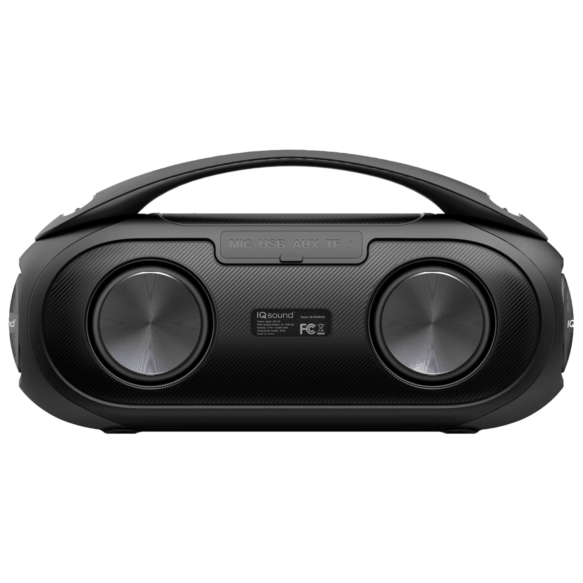 Sky Iapetus Supersonic portable Bluetooth speaker with water resistance and RGB light panel, shown with colorful lighting effects.