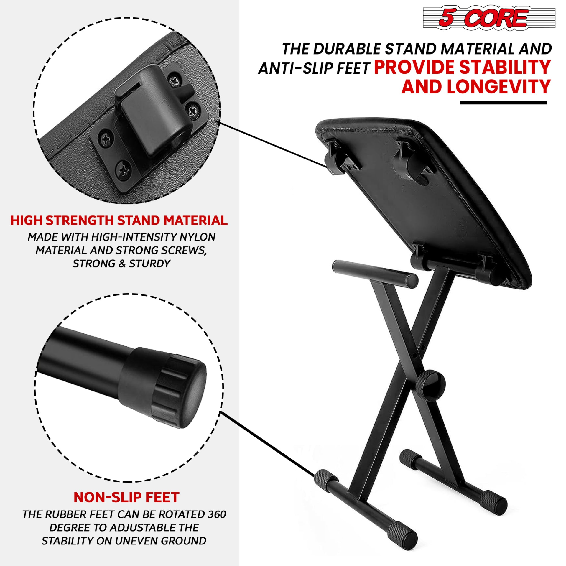 Start2Finish 5 Core Keyboard Bench with 2-inch padded cushion, adjustable height, portable piano stool, perfect for guitar or keyboard playing