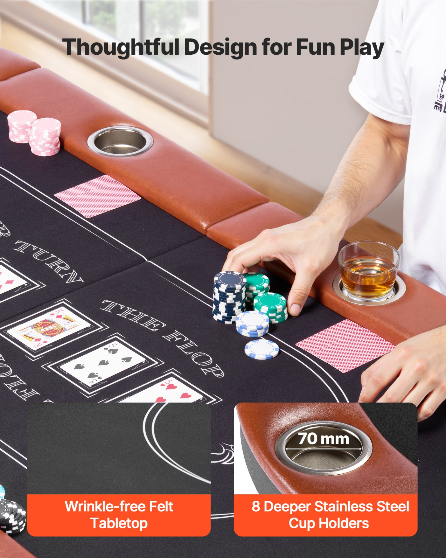 Foldable VEVOR poker table for 8 players with padded rails, cup holders, felt surface, metal legs, ideal for Texas Hold&