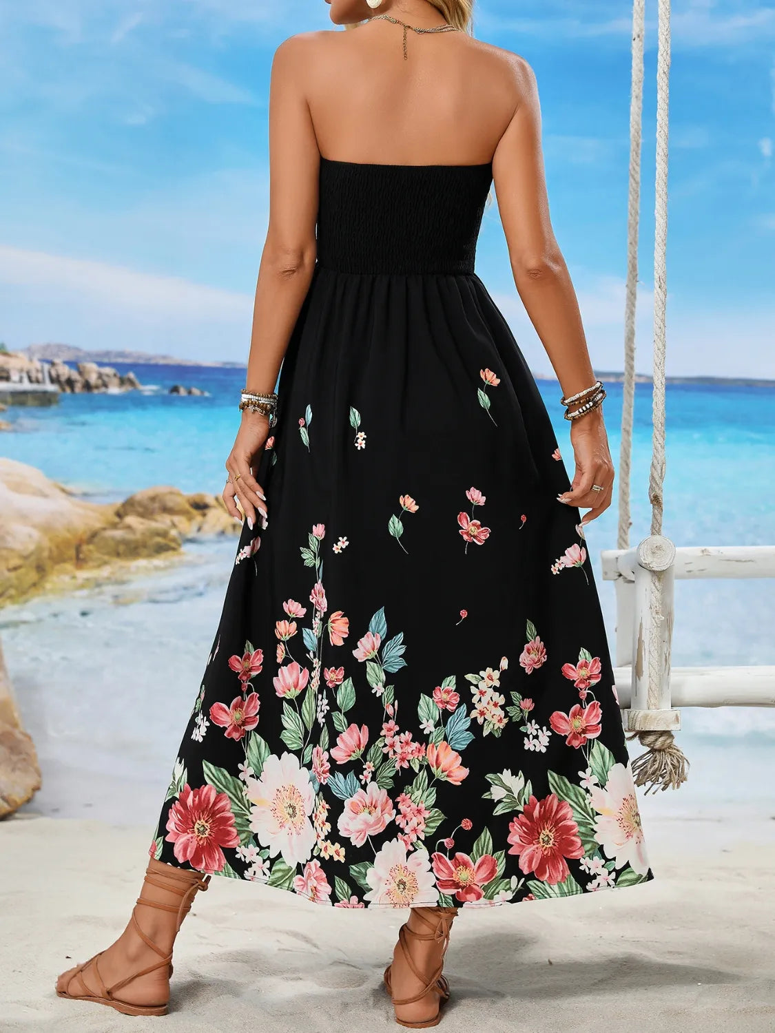 Ruby Styx printed tube midi dress for women, showcasing a fitted sleeveless design with vibrant print pattern.