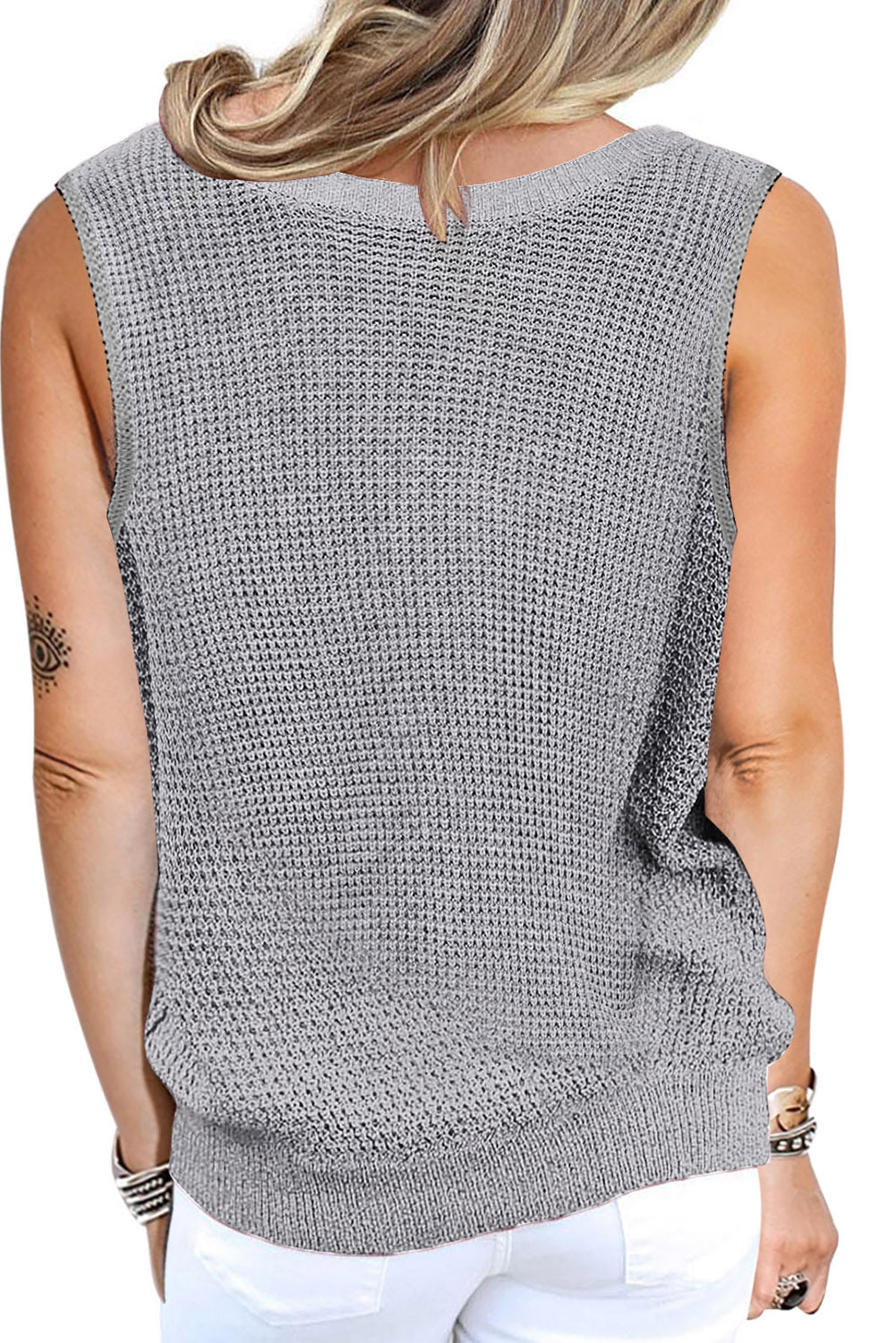 Gray crisscross hollow-out knit tank top for women by Lavender Pallas, featuring a stylish open-knit design and sleeveless fit.