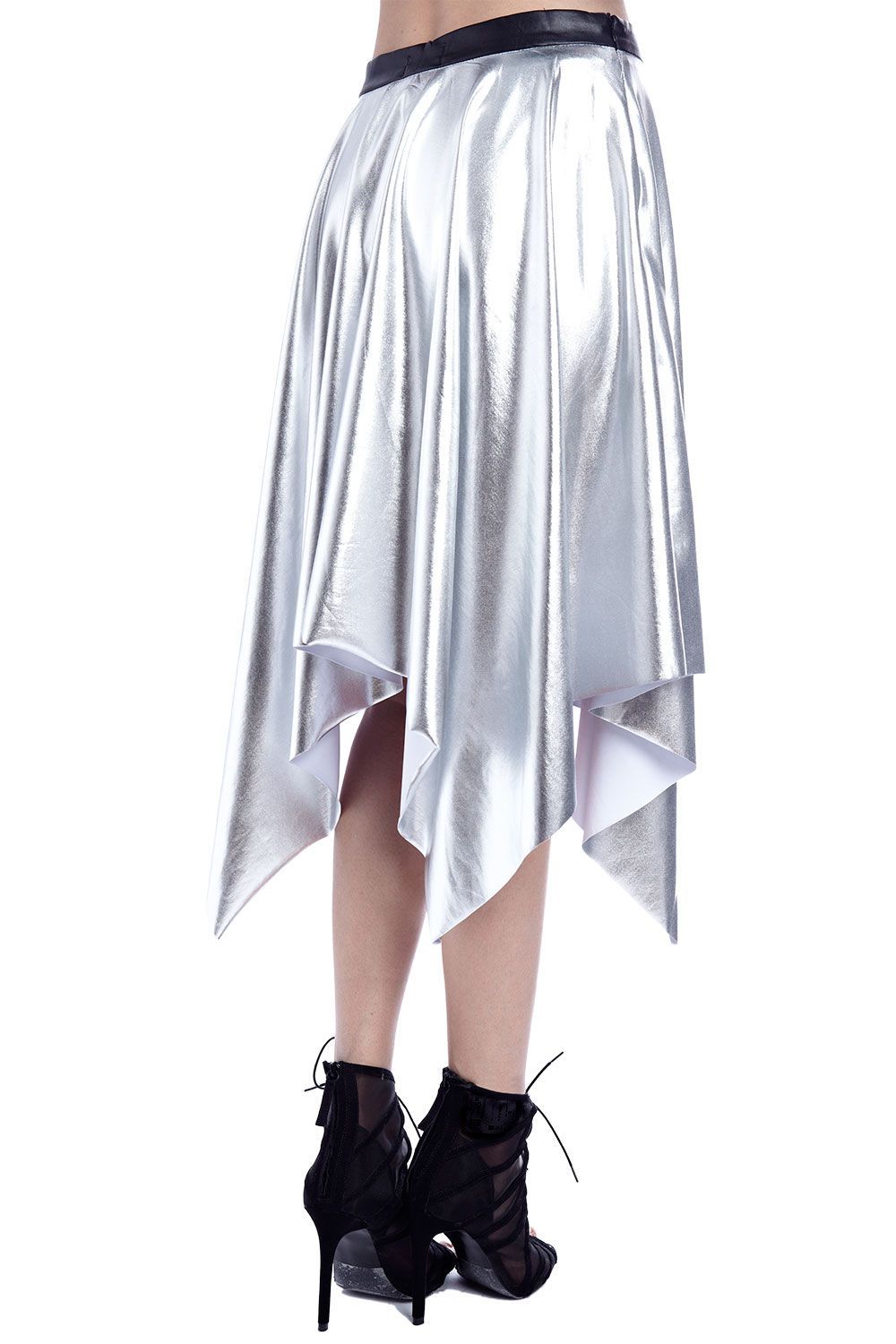 Silver metallic pleated midi skirt by Erin Theia, showcasing its shiny, flowing fabric and stylish design in a fashion accessories image.