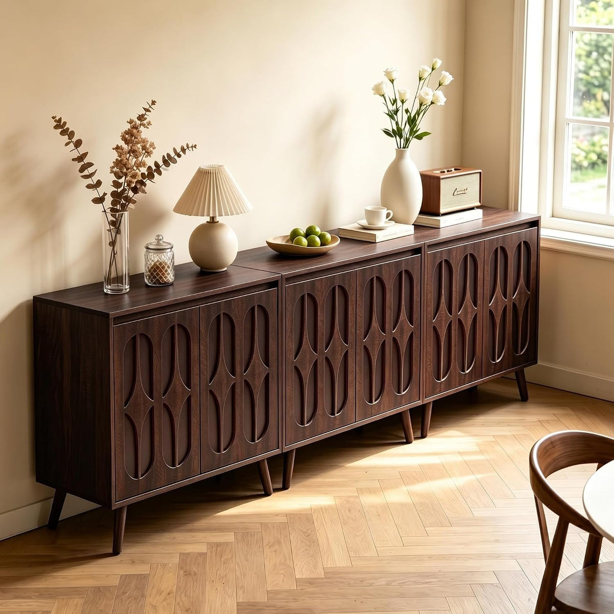 Dark Walnut 94.5In Wide Mid Century Modern Sideboard