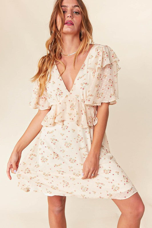 Oatmeal chiffon Swiss dot floral V-neck woven dress for women by Ochre Ismene, featuring a lightweight, flowy design.