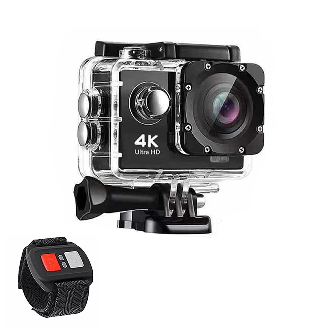 Salmon Lucky 4K waterproof digital UHD WiFi camera with RF remote and accessories, ideal for outdoor filming and security.