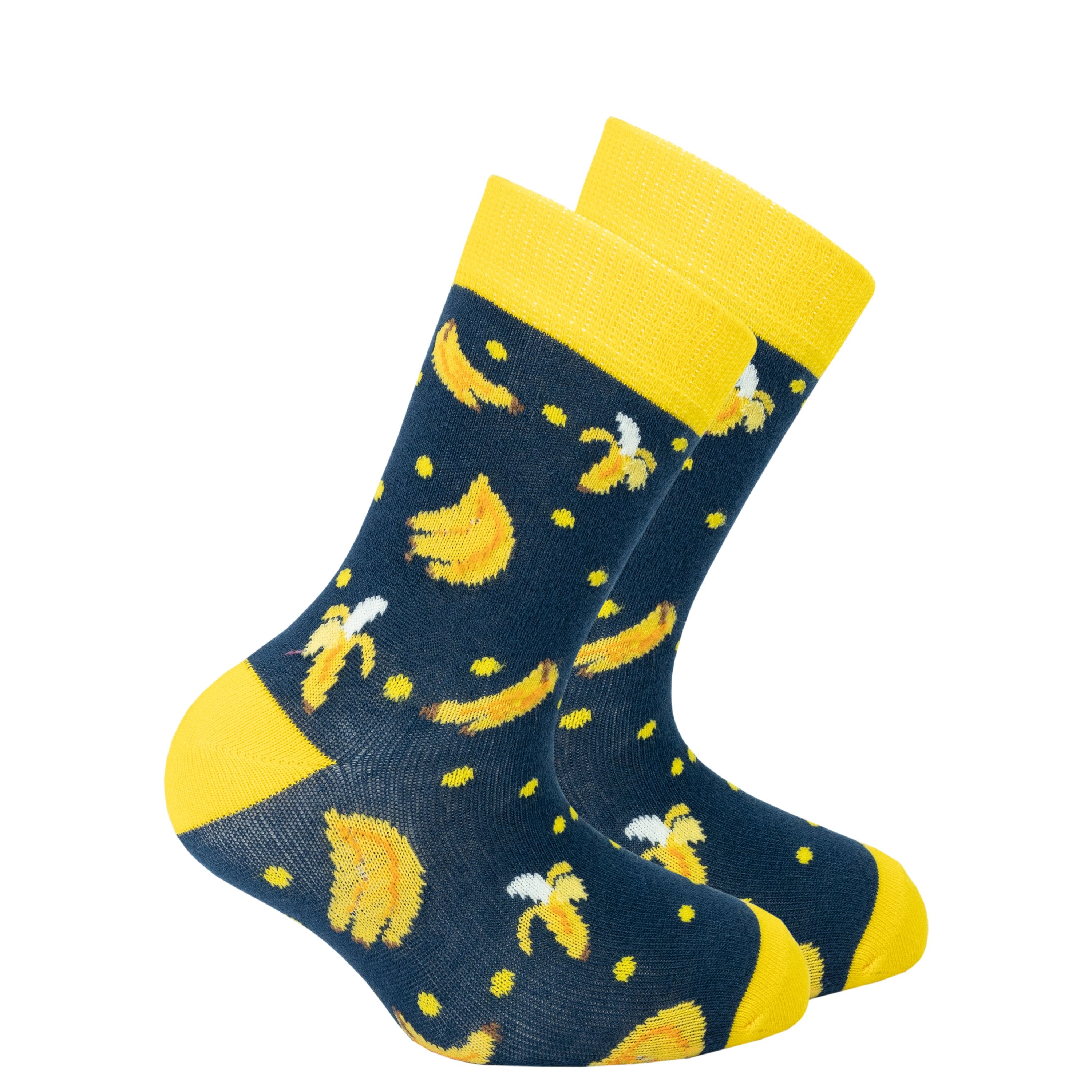 Kids Banana Socks by Orchid Erebus featuring colorful banana patterns on soft, comfortable sock material for children.