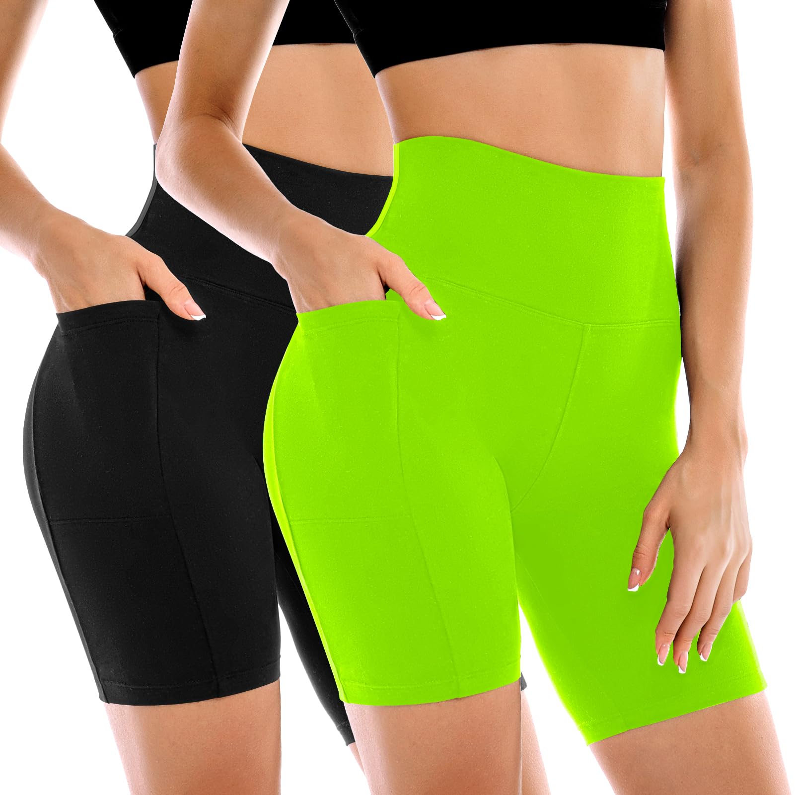 Leafigure 2 Pack Womens Biker Shorts with Pockets 6" | High Waisted, Tummy Control, Running, Gym, Workout, Yoga Shorts