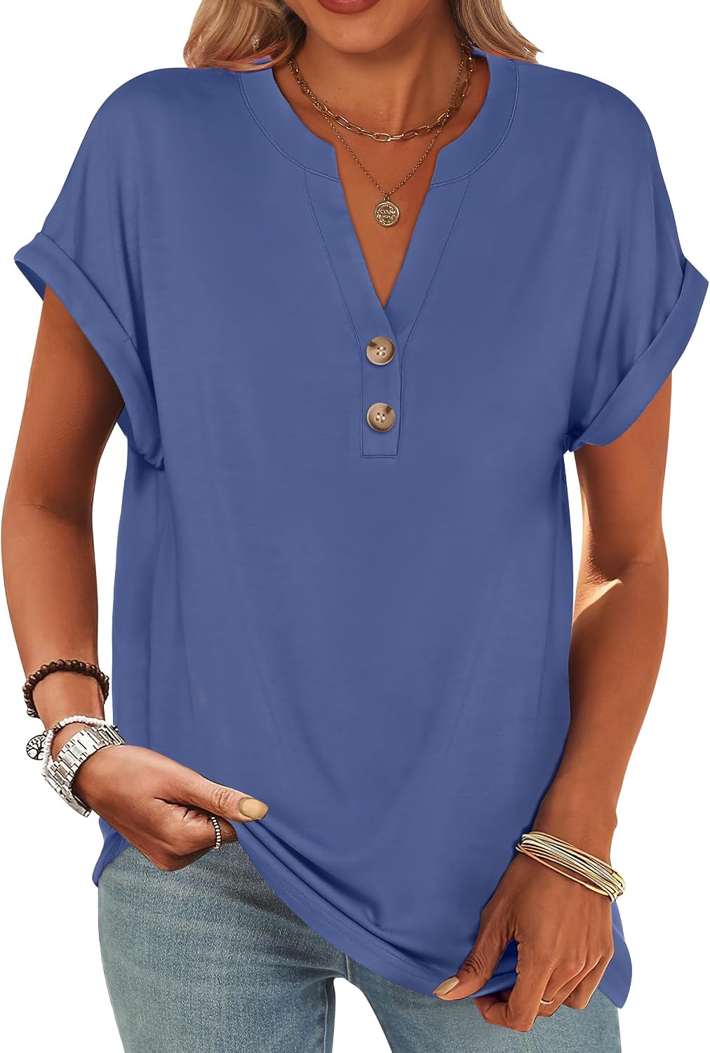 ANRABESS Womens Short Sleeve Henley Tops V Neck Dressy Casual Blouses Summer Trendy Tee Shirts 2026 Vacation Fashion Clothes