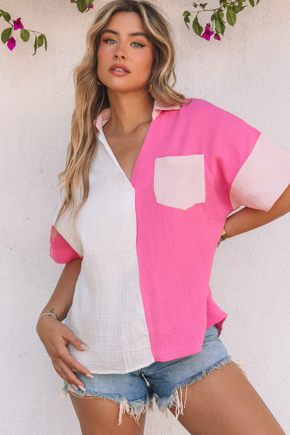 Carmine Juneberry rose-colored collared neck color block polo shirt for women, featuring short sleeves and classic design.