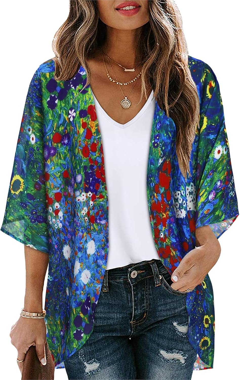 CHICGAL Womens Floral Kimono Cardigan Beach Cover Up Casual Summer Tops | 2026 Puff Sleeve Open Front Chiffon Outfit,Hawaiian Shirt,Beach Vacation Swimwear, Plus Top,Boho ladies Blouse,Cruise Resort