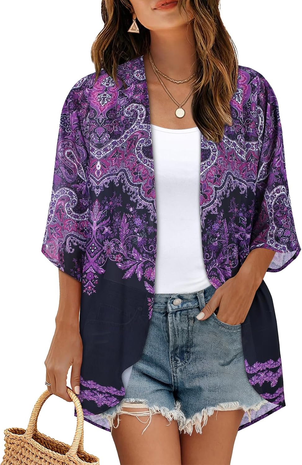 CHICGAL Womens Floral Kimono Cardigan Beach Cover Up Casual Summer Tops | 2026 Puff Sleeve Open Front Chiffon Outfit,Hawaiian Shirt,Beach Vacation Swimwear, Plus Top,Boho ladies Blouse,Cruise Resort