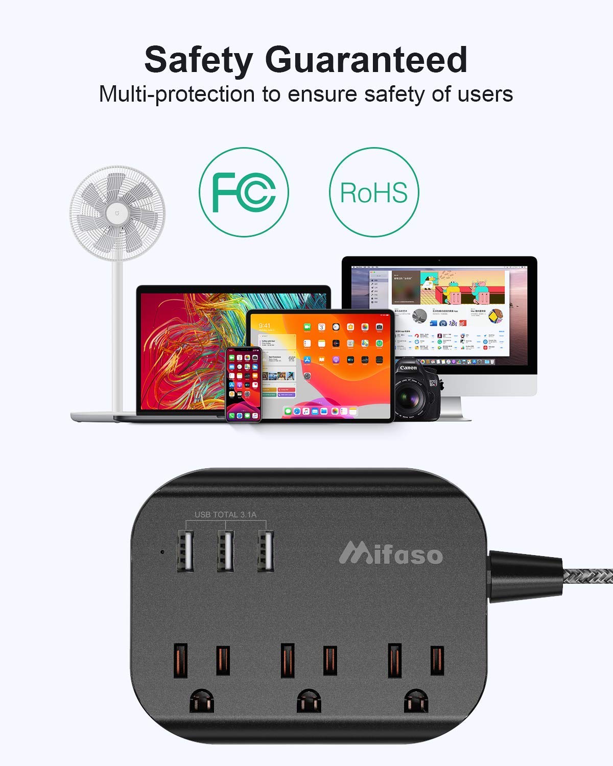 Plum Coeus power strip with flat plug, 3 outlets, 3 USB ports, 3.1A, 5ft cord, for home and garden use
