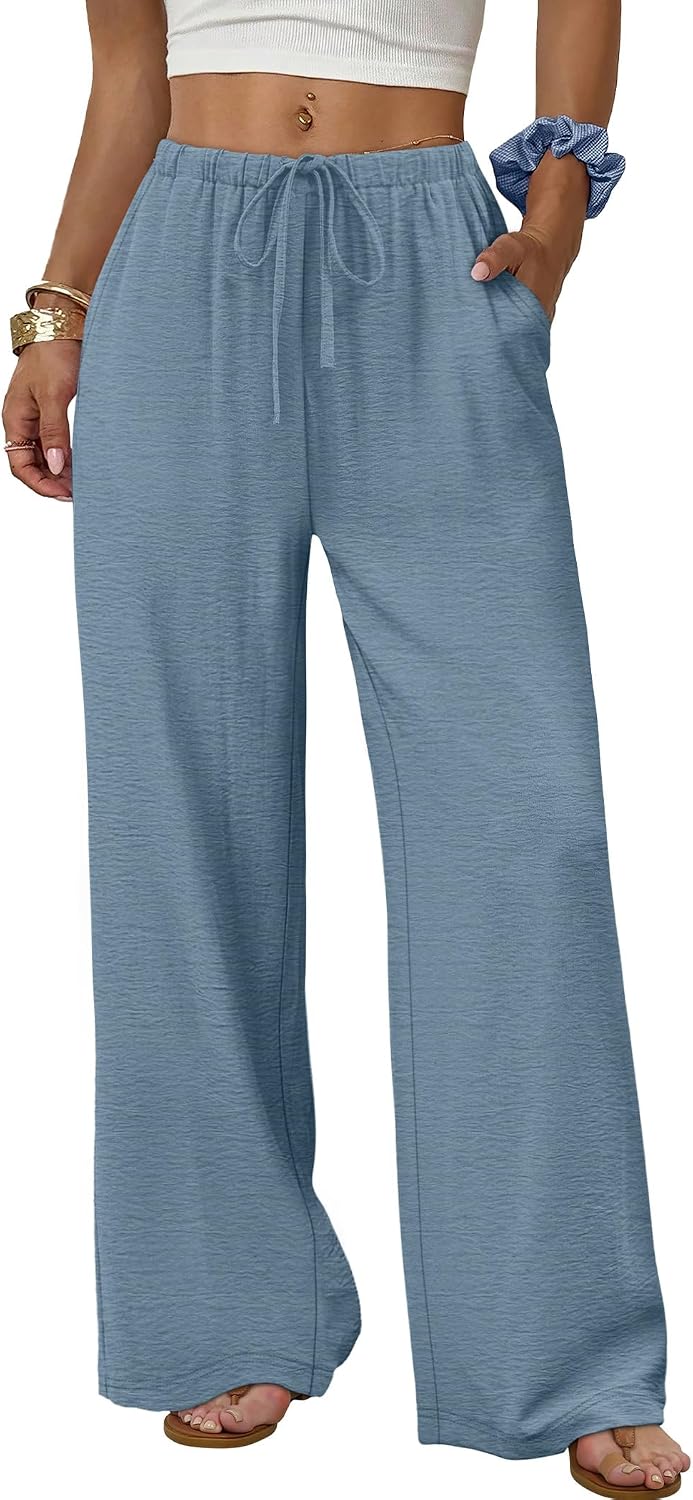 Sampeel Wide Leg Pants for Women Flowy Palazzo Drawstring Elastic Waist Trousers with Pockets Summer Beach Vacation Clothes