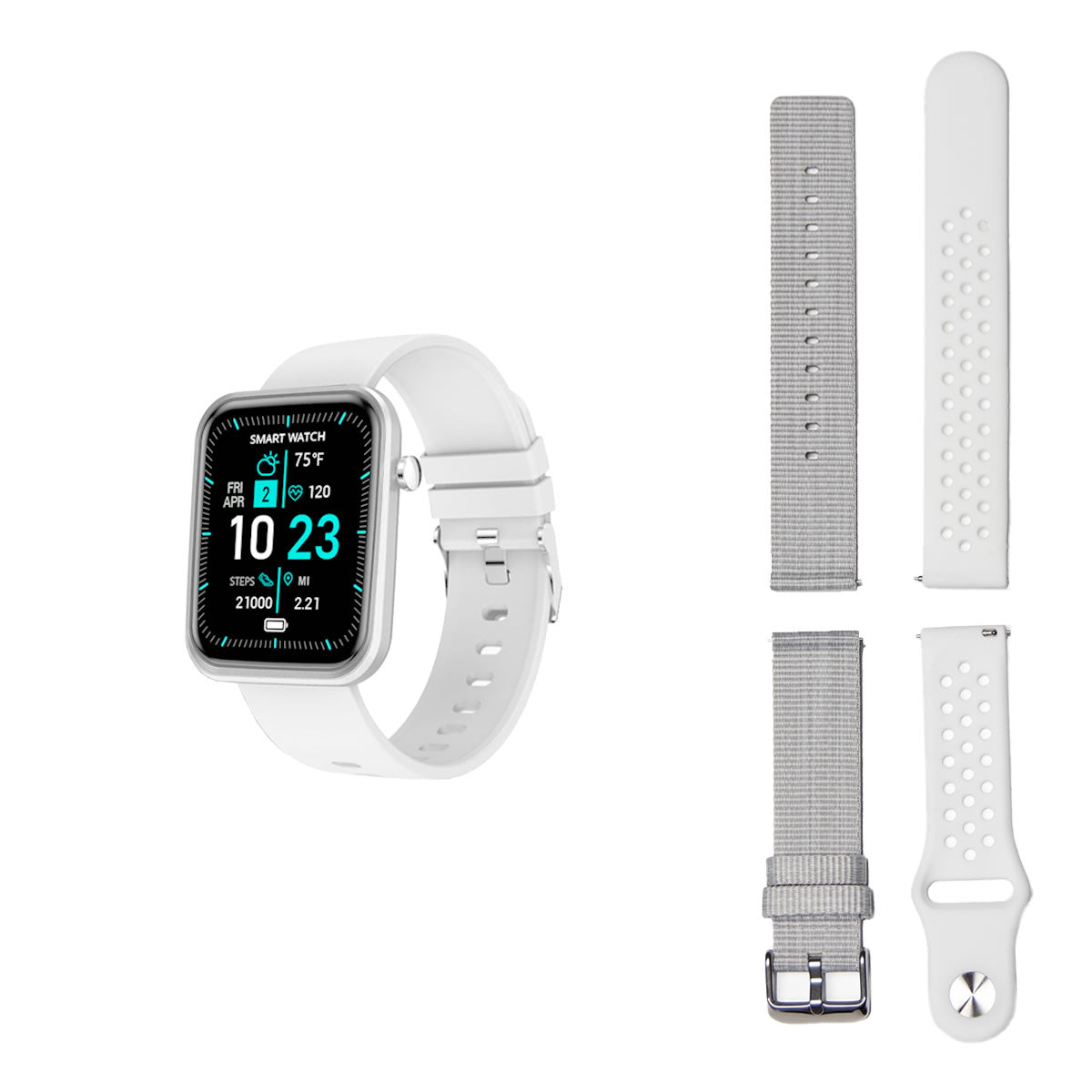 Salmon Lucky advanced smartwatch with three interchangeable bands, displaying wellness and activity tracking features.