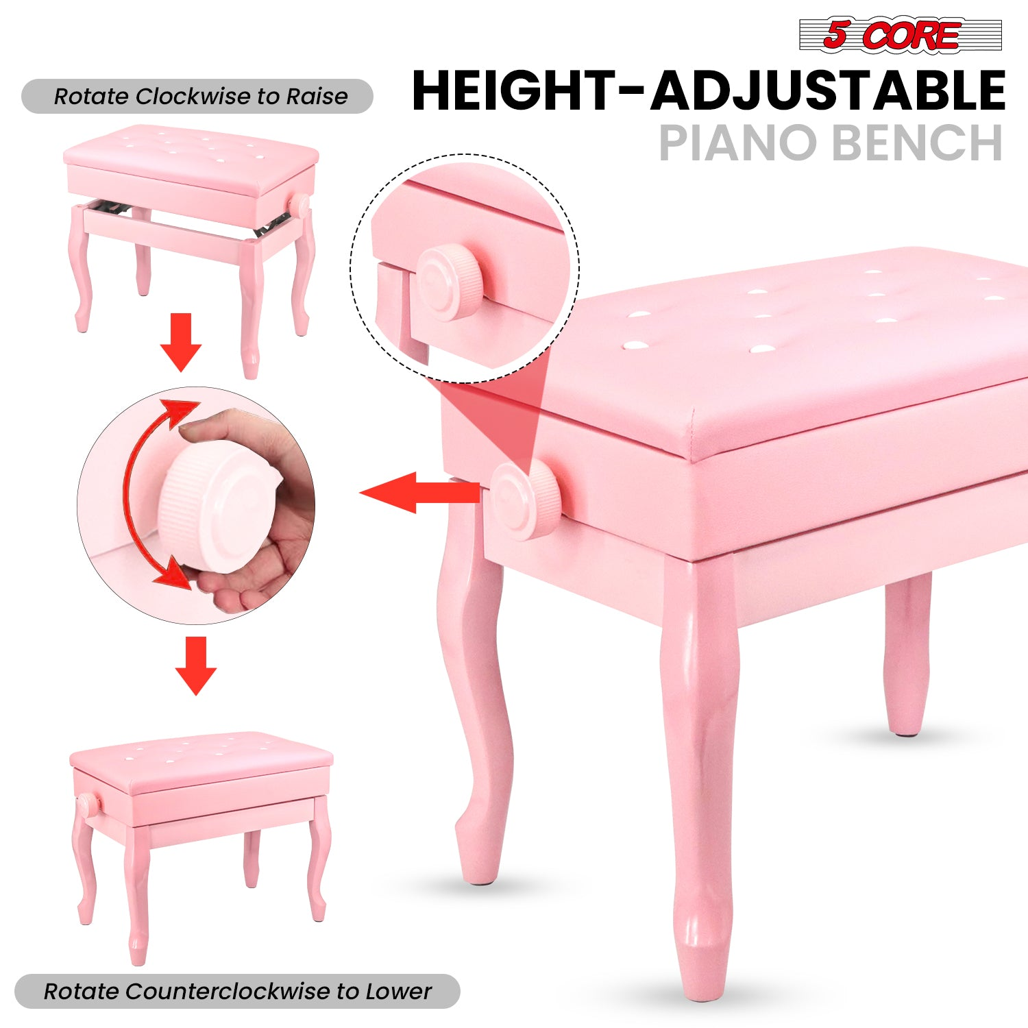 Start2Finish 5 core piano bench with padded cushion, wooden frame, adjustable height, and built-in storage for musicians.