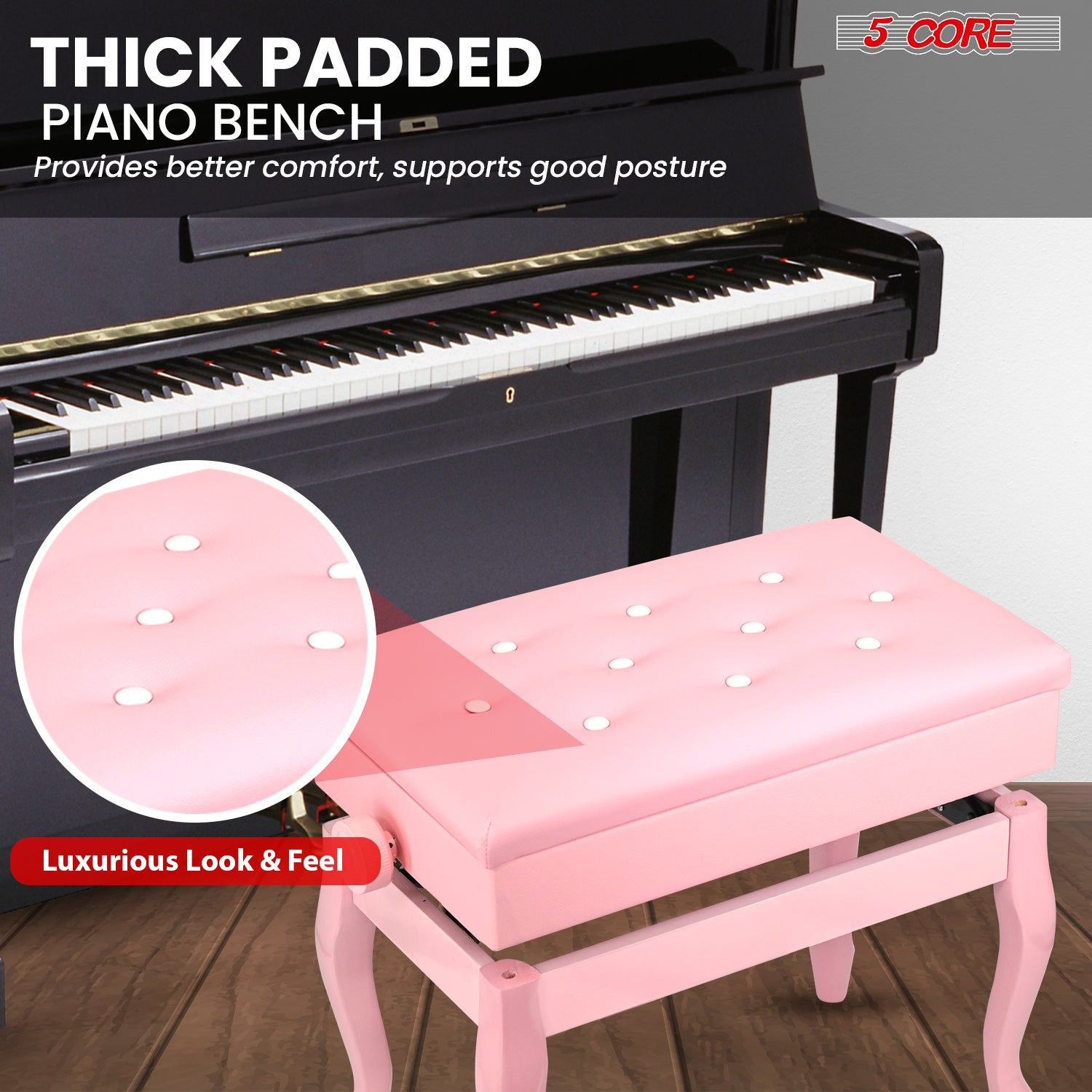 Start2Finish 5 Core piano bench with 3-inch padded cushion, wooden frame, adjustable height, and built-in storage for musicians.