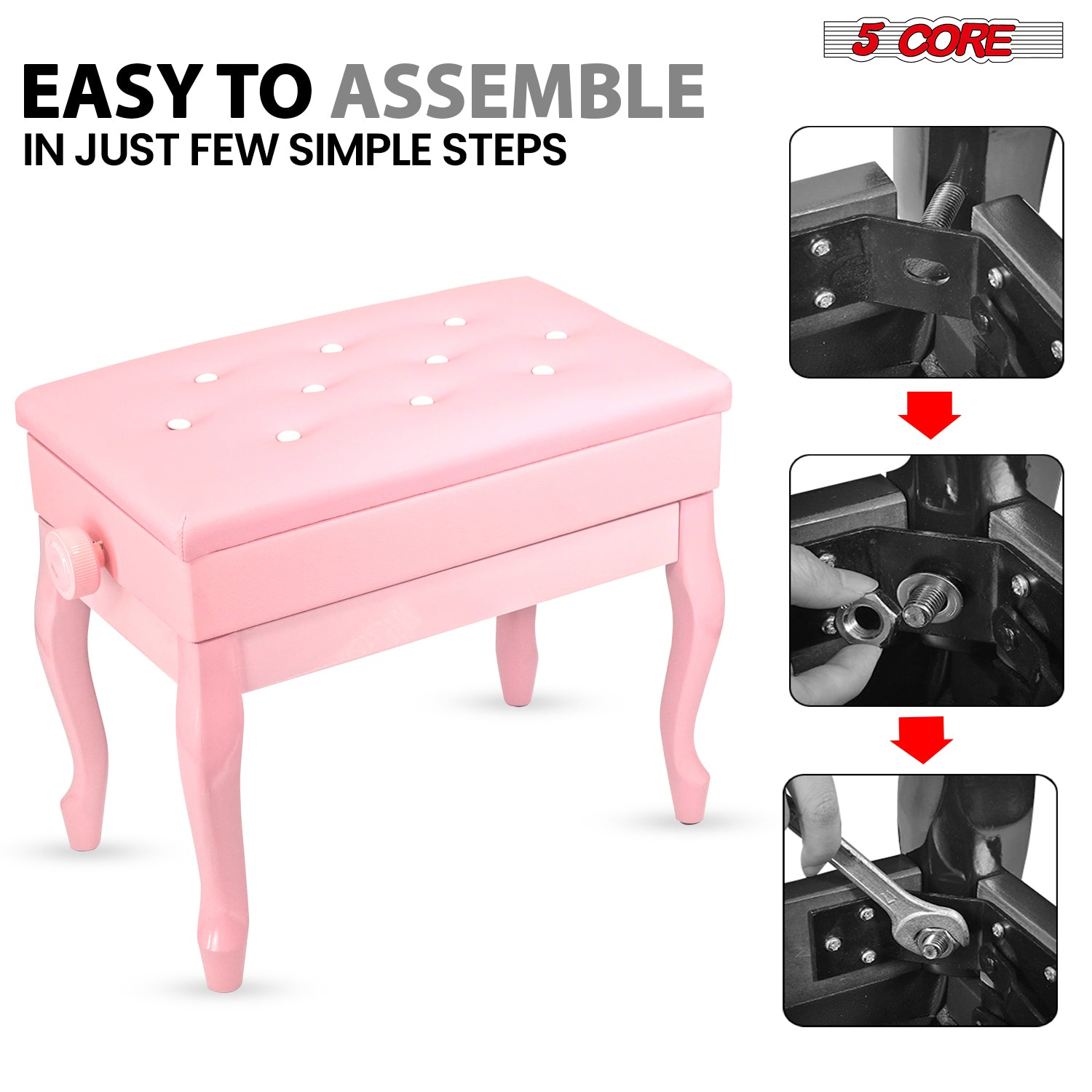 Start2Finish 5 Core padded piano bench with wooden frame, adjustable height, and storage compartment for musicians.