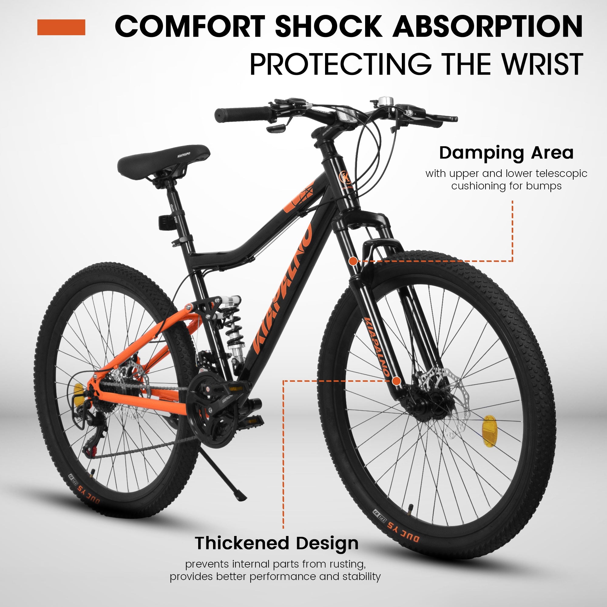 Carmine Juneberry TerraRush™ 26-inch mountain bike with shock absorber and 21-speed gear system, ready for off-road biking adventures.