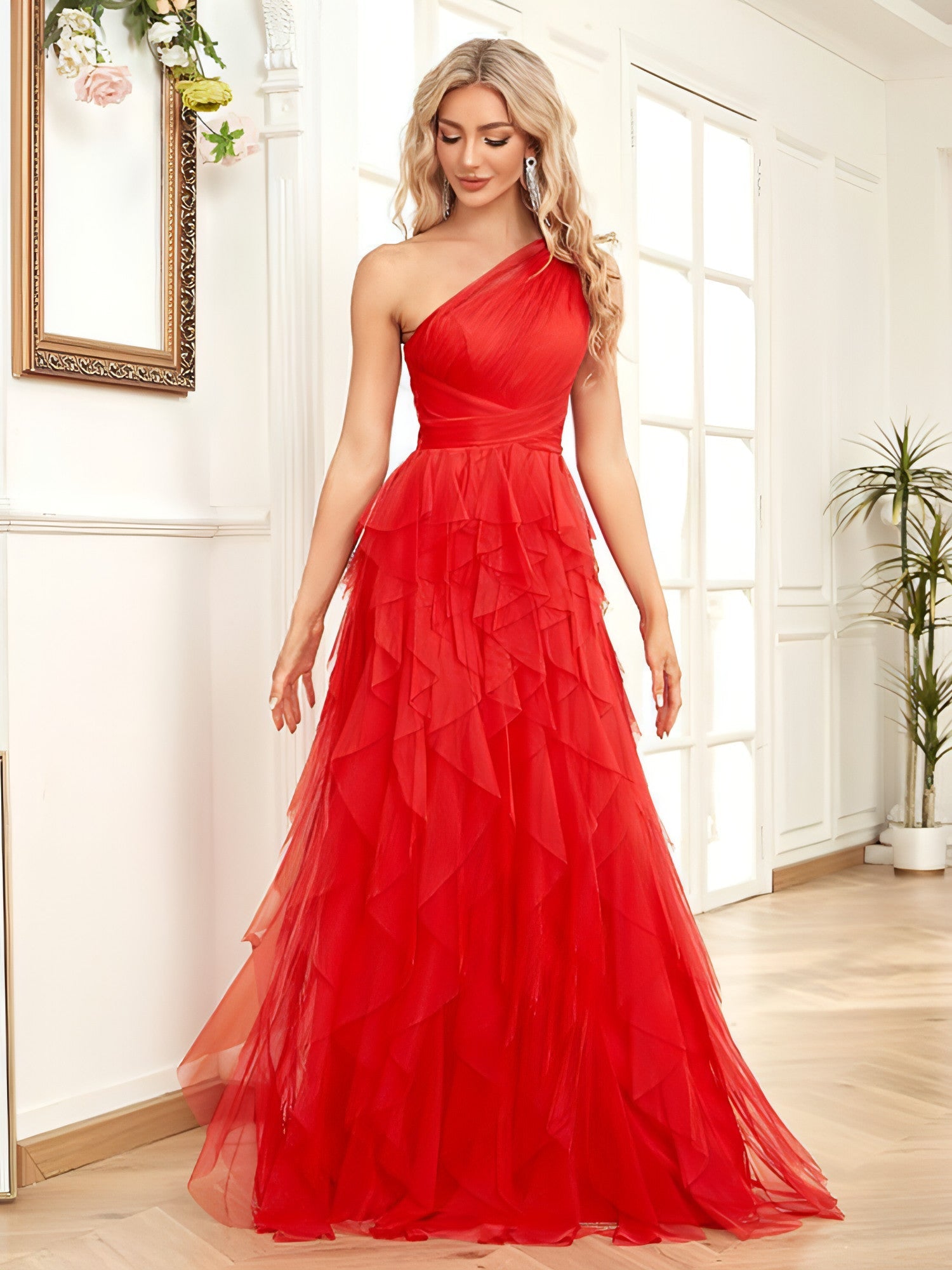 Carmine Juneberry sloping shoulder dress with slim fit, elastic waistband, and fishtail design, showcasing elegant evening wear style.