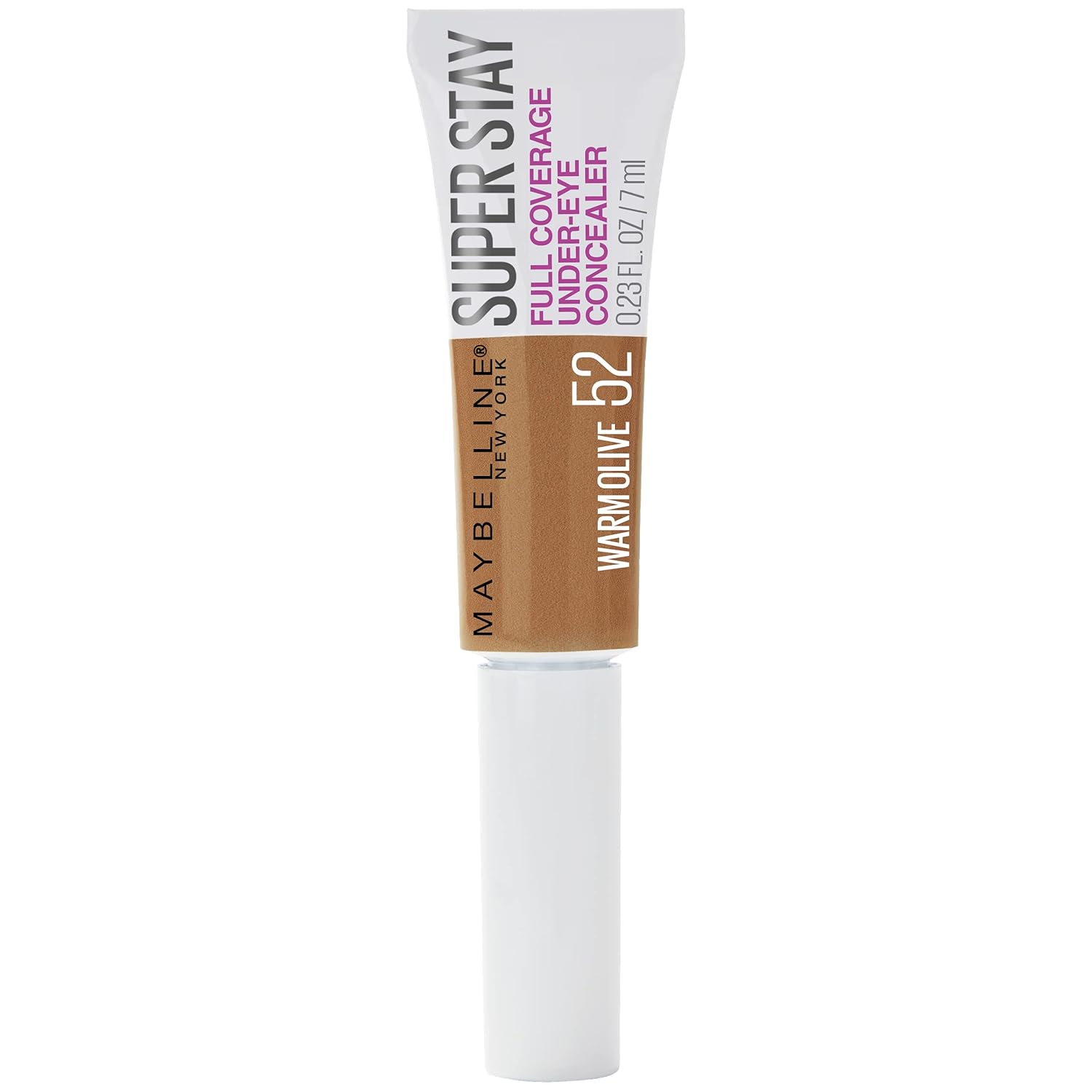 Maybelline New York Super Stay full coverage under-eye concealer with paddle applicator in shade 52 Warm Olive, liquid makeup for brightening.