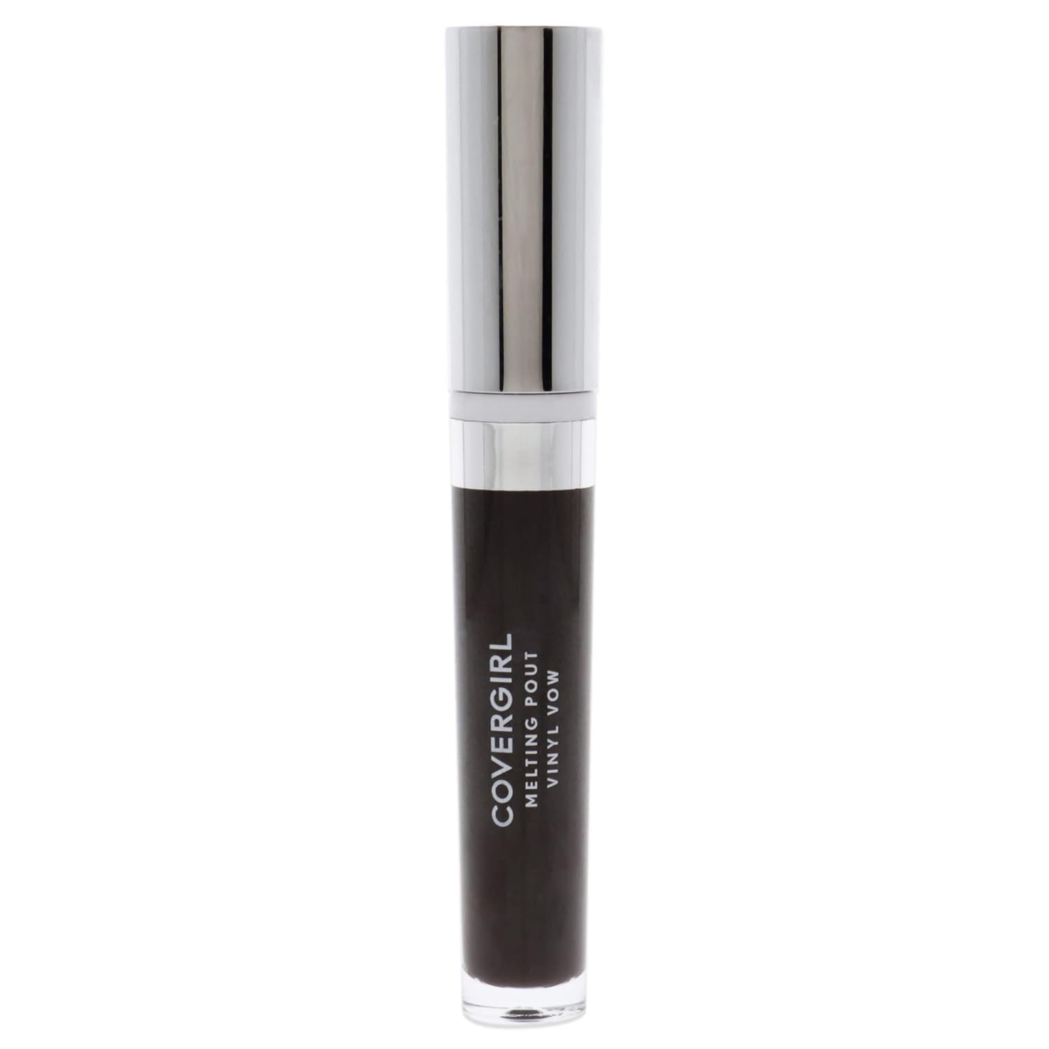 CoverGirl Melting Pout Vinyl Vow lipstick in Fall in Deep, 0.11 oz, with swatched vibrant reddish-bink shade on lips.