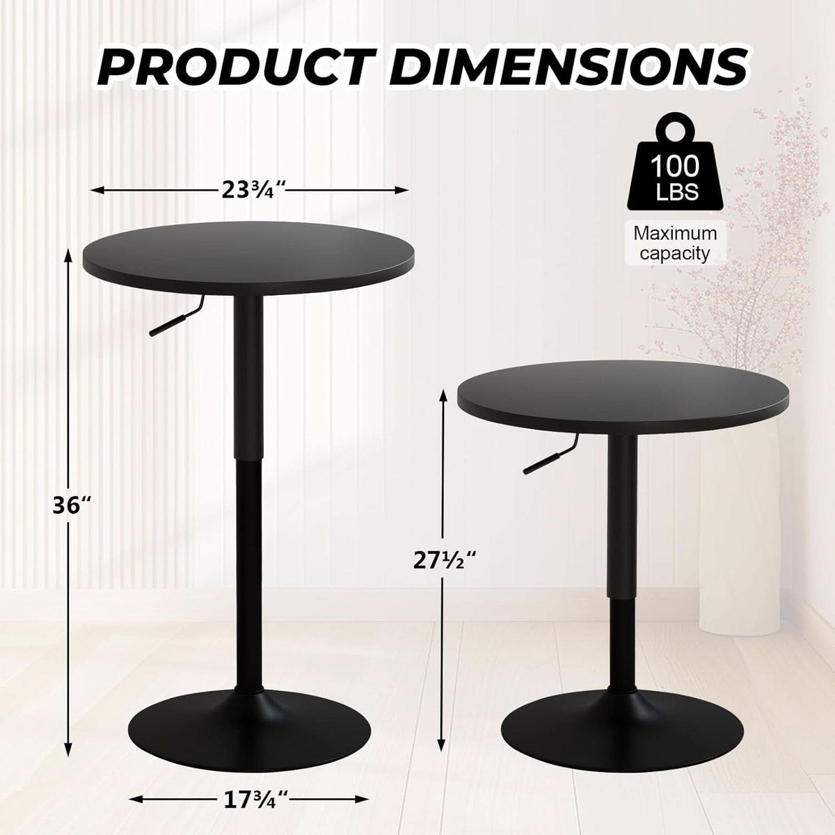 23.6 Inch Round Pub Table Black Height Adjustable All Weather