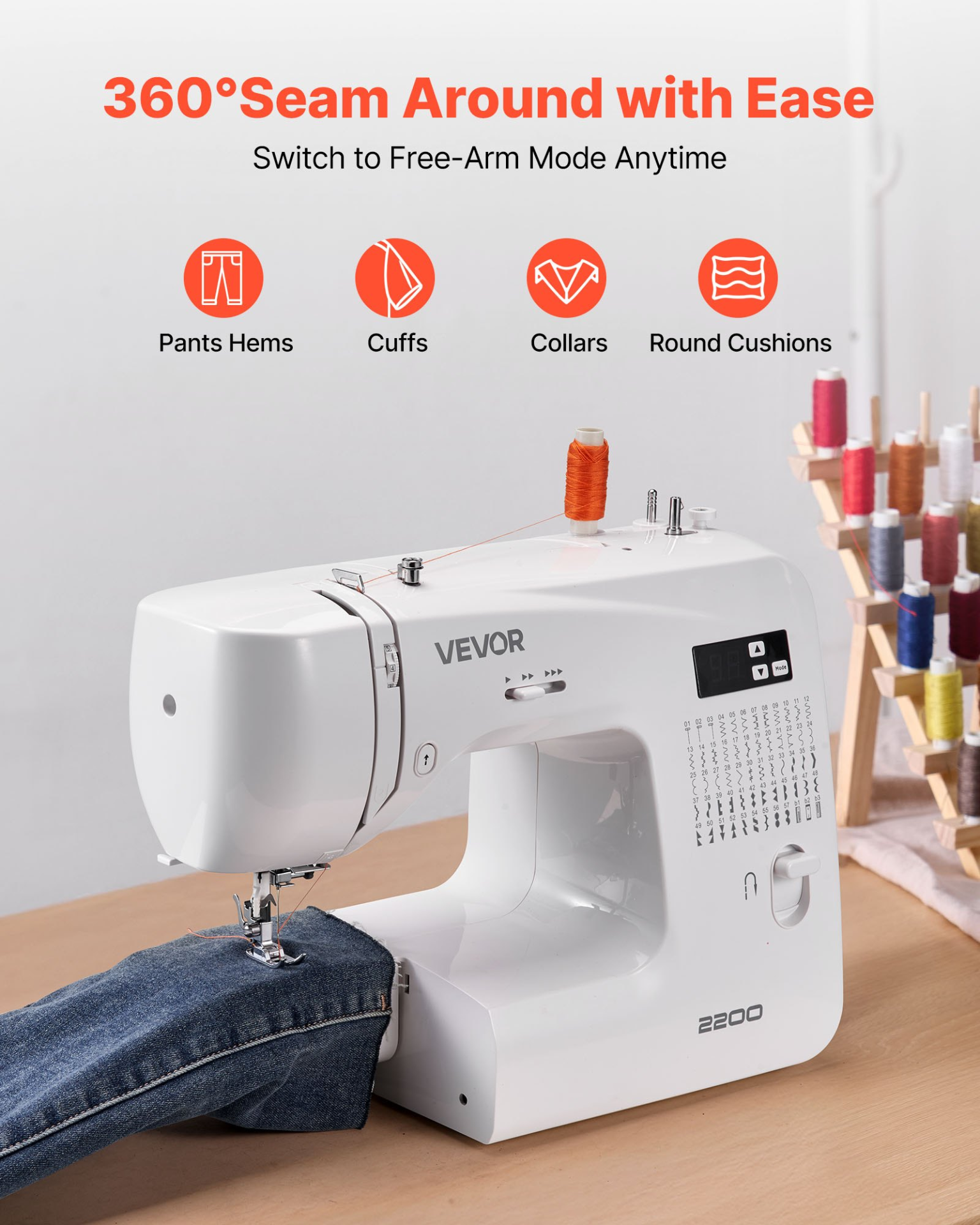 Start2Finish VEVOR computerized sewing machine with LED screen, foot pedal, LED light, heavy-duty metal frame, and 60 stitch options.