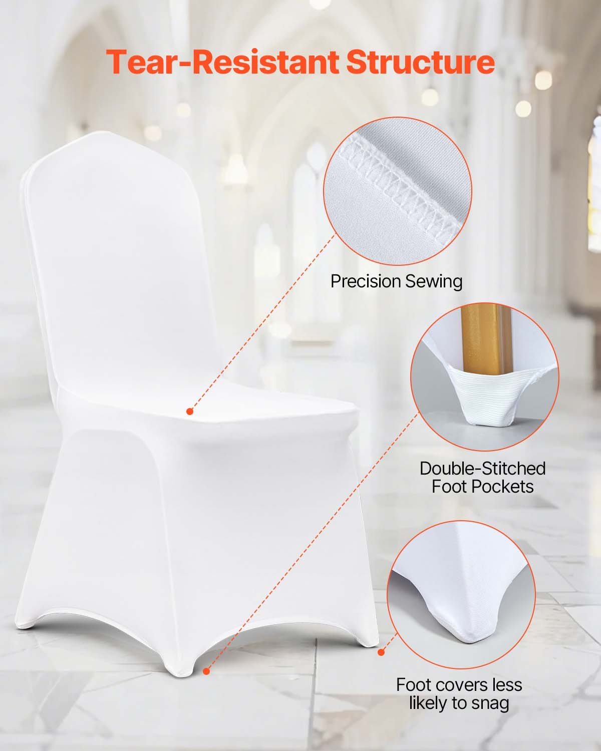 White VEVOR stretch spandex folding chair covers, universal fitted slipcovers for wedding, holiday, banquet and party events.