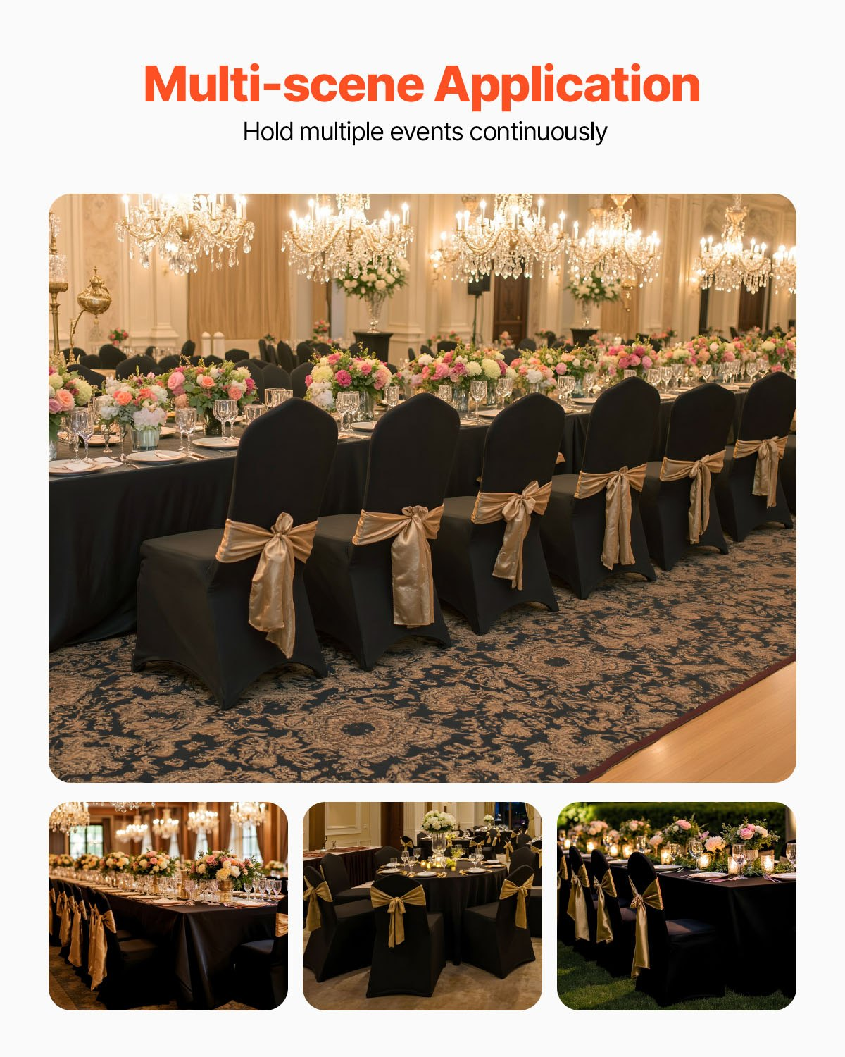 Black VEVOR stretch spandex folding chair covers with arched front, designed for weddings, holidays, banquets, and events.