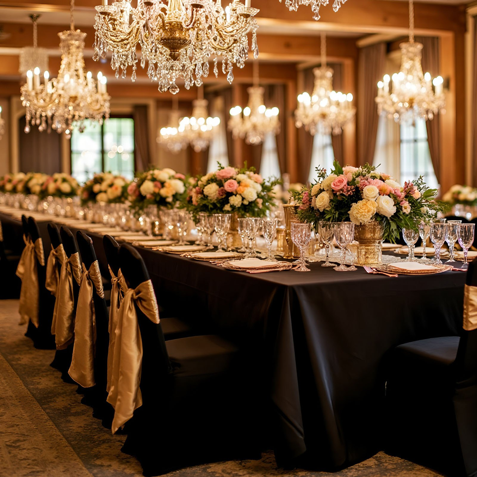 Black VEVOR stretch spandex folding chair covers with arched front, removable and washable, for wedding, party, and event seating.