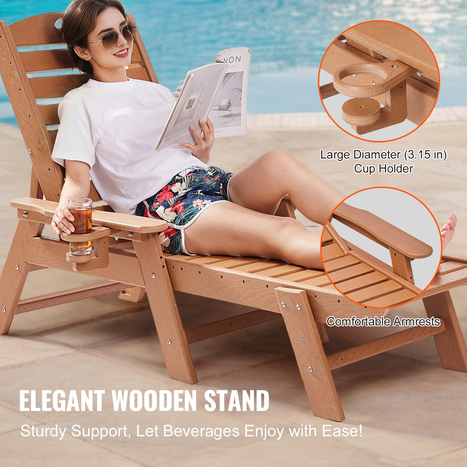 Start2Finish VEVOR brown outdoor chaise lounge chair with adjustable backrest, cup holder, suitable for poolside or backyard relaxation.