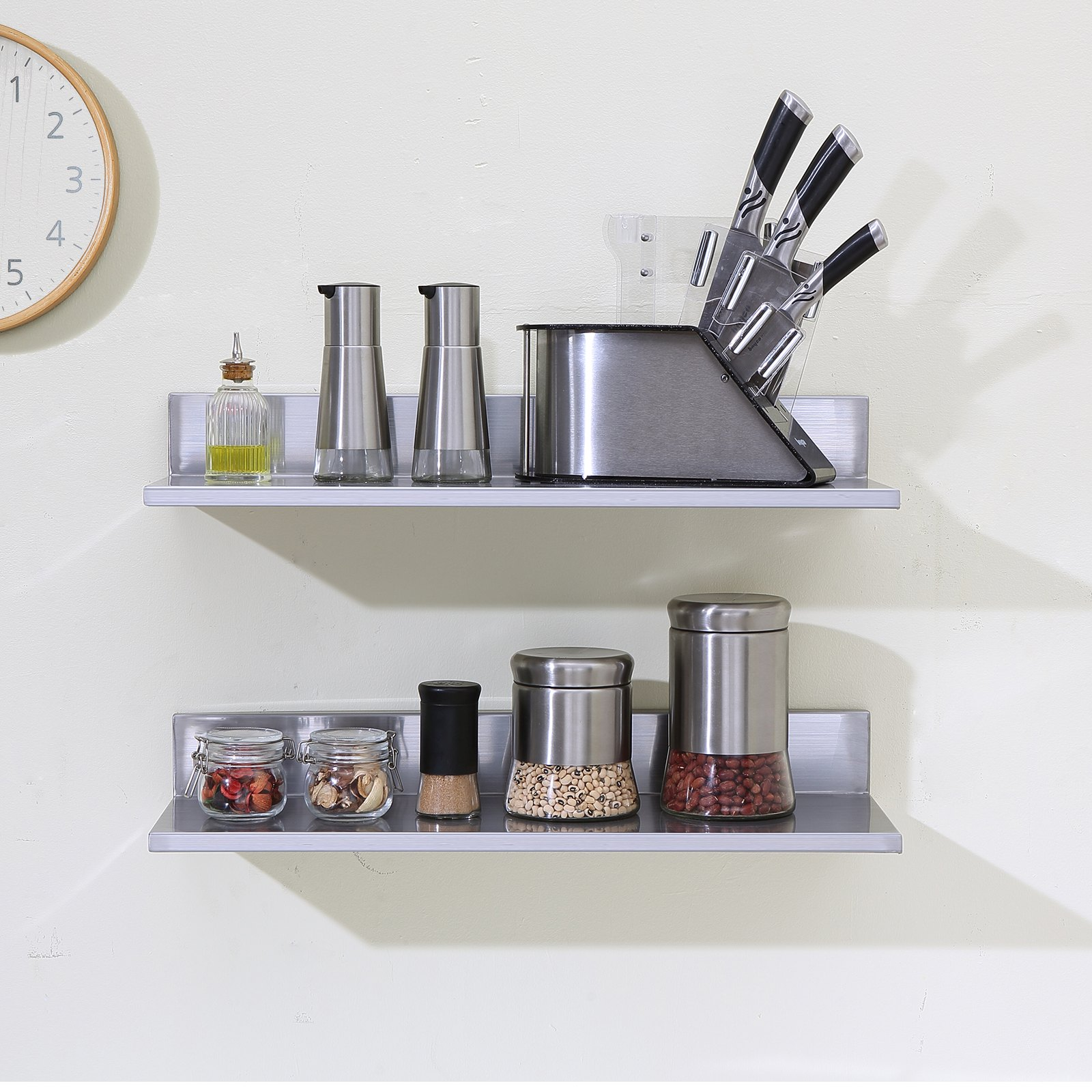Start2Finish stainless steel wall-mounted floating shelves, 8.6x24 inches, with backsplash and 44 lbs load capacity for kitchen or restaurant use.