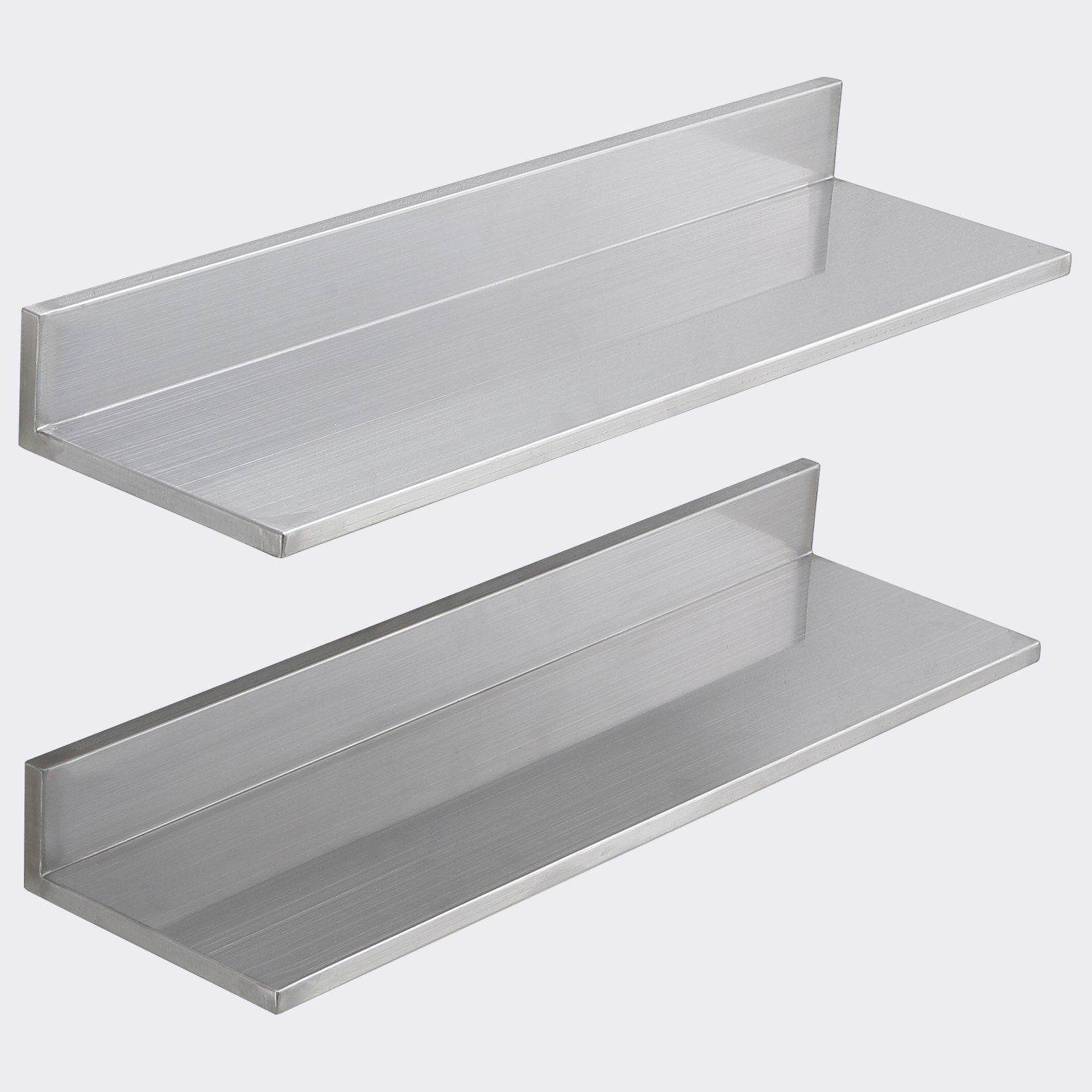 Start2Finish stainless steel wall-mounted floating shelves, 8.6" x 24", with backsplash and 44 lbs capacity, ideal for kitchen or restaurant storage.