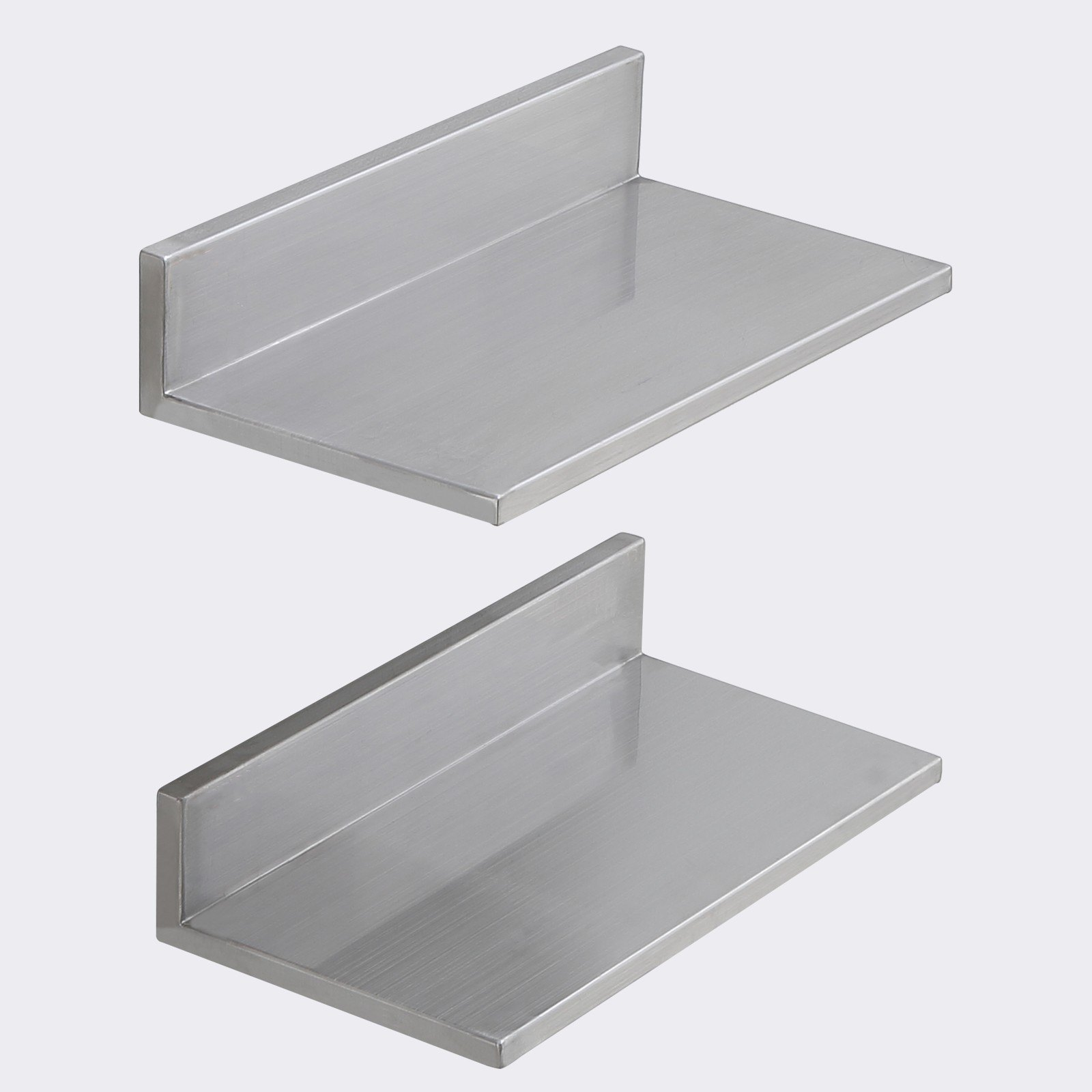 Stainless steel wall-mounted floating shelves by Start2Finish, 8.6 x 16 inches, with backsplash, ideal for kitchen or restaurant storage.