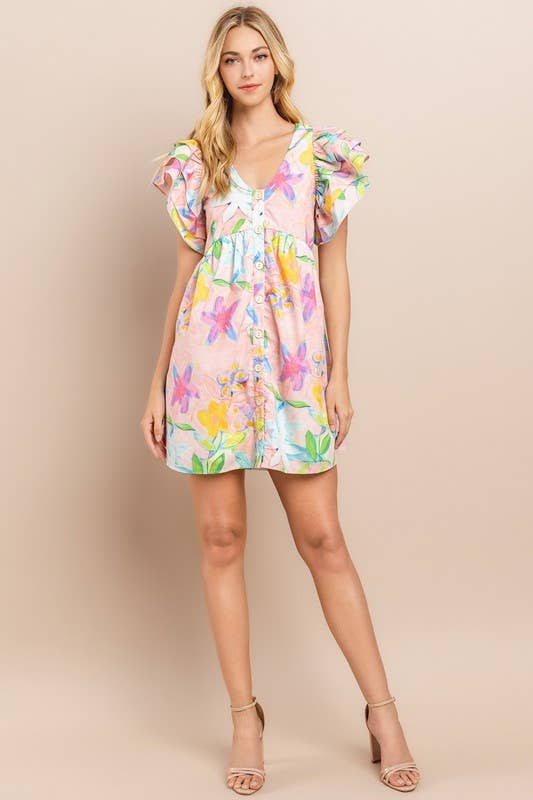 Floral printed dress in blush with V neckline and button-down front, size L, from Byzantium Smudge.