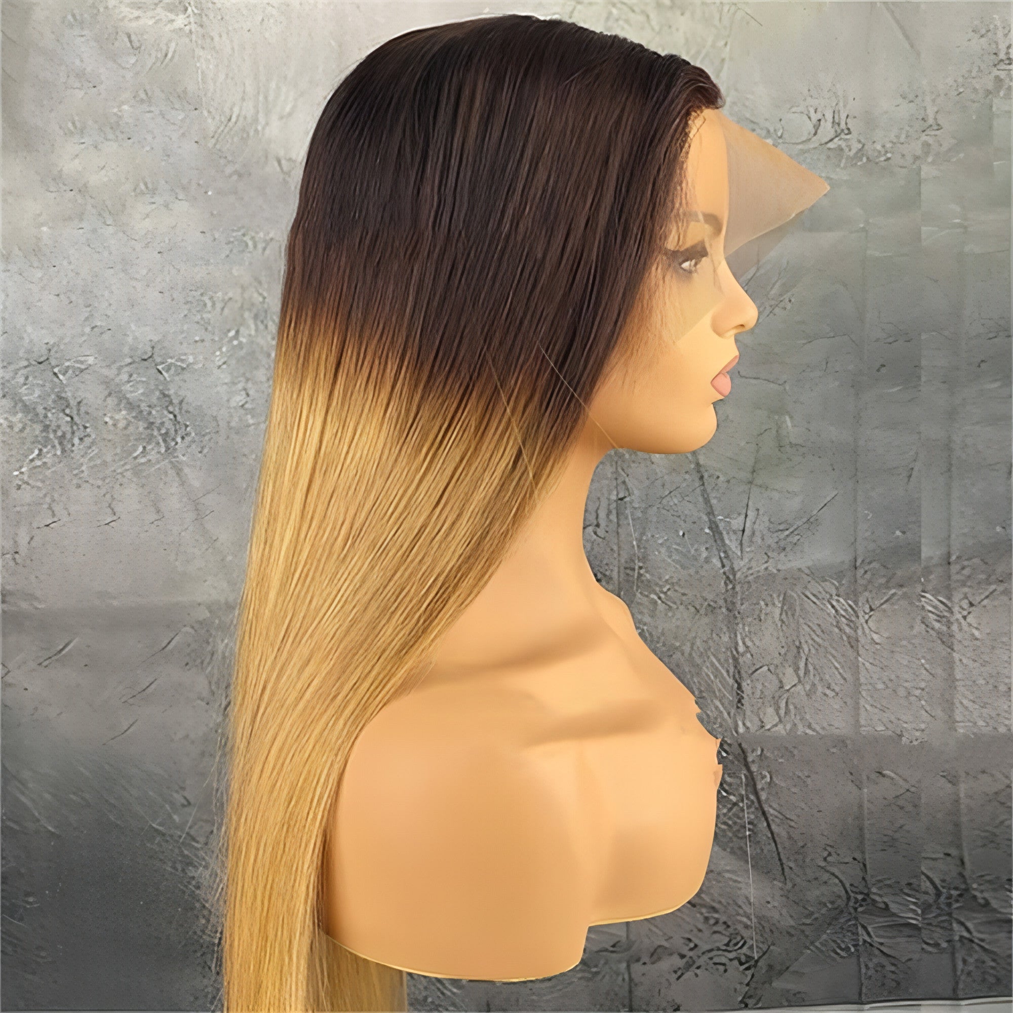 Carmine Juneberry LuxeWave Fashion real hair gradient wig with lace headgear, showcasing smooth, layered hair in natural shades.