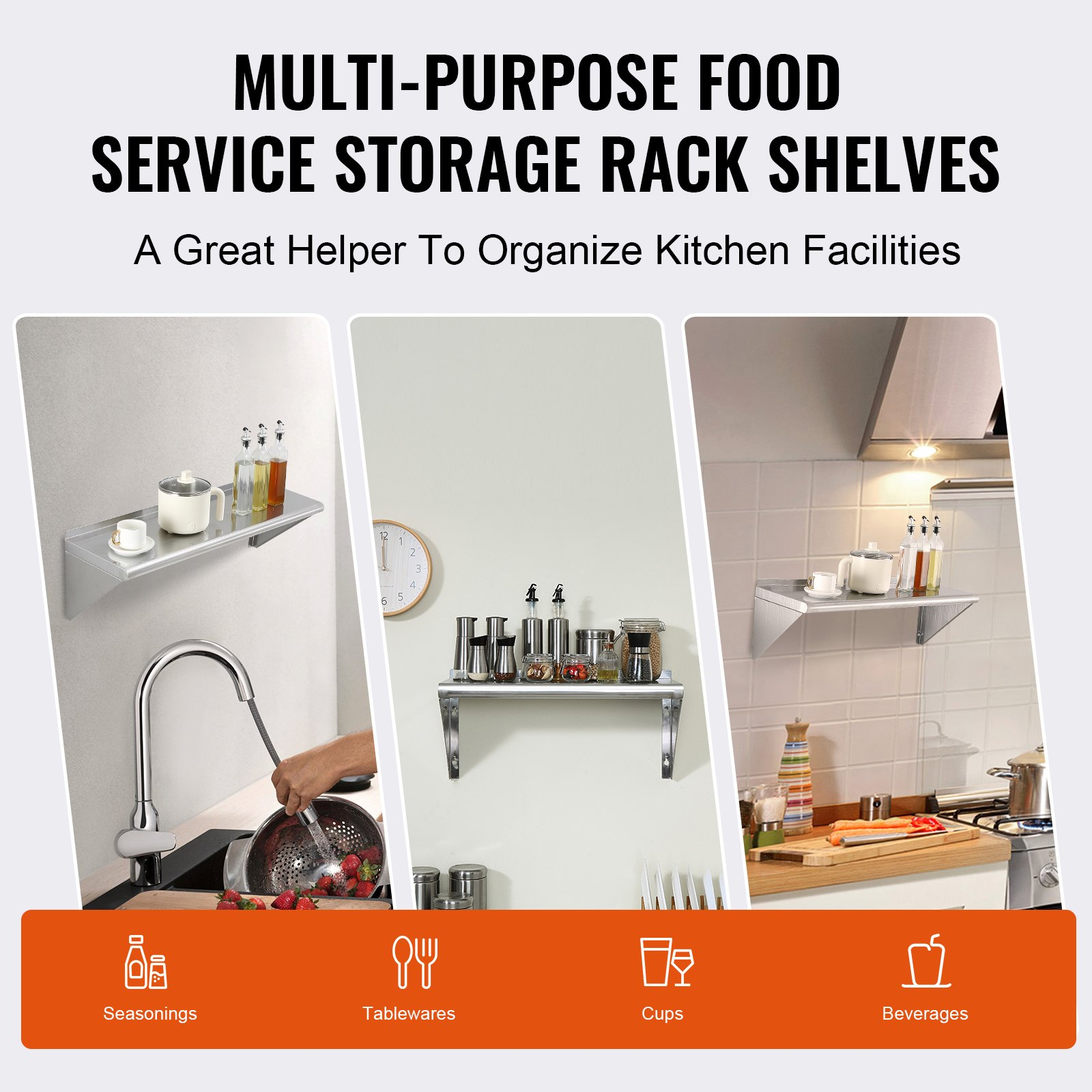 Start2Finish stainless steel wall-mounted floating shelf with brackets, 12"x36", heavy-duty storage for kitchen, restaurant, or bar.
