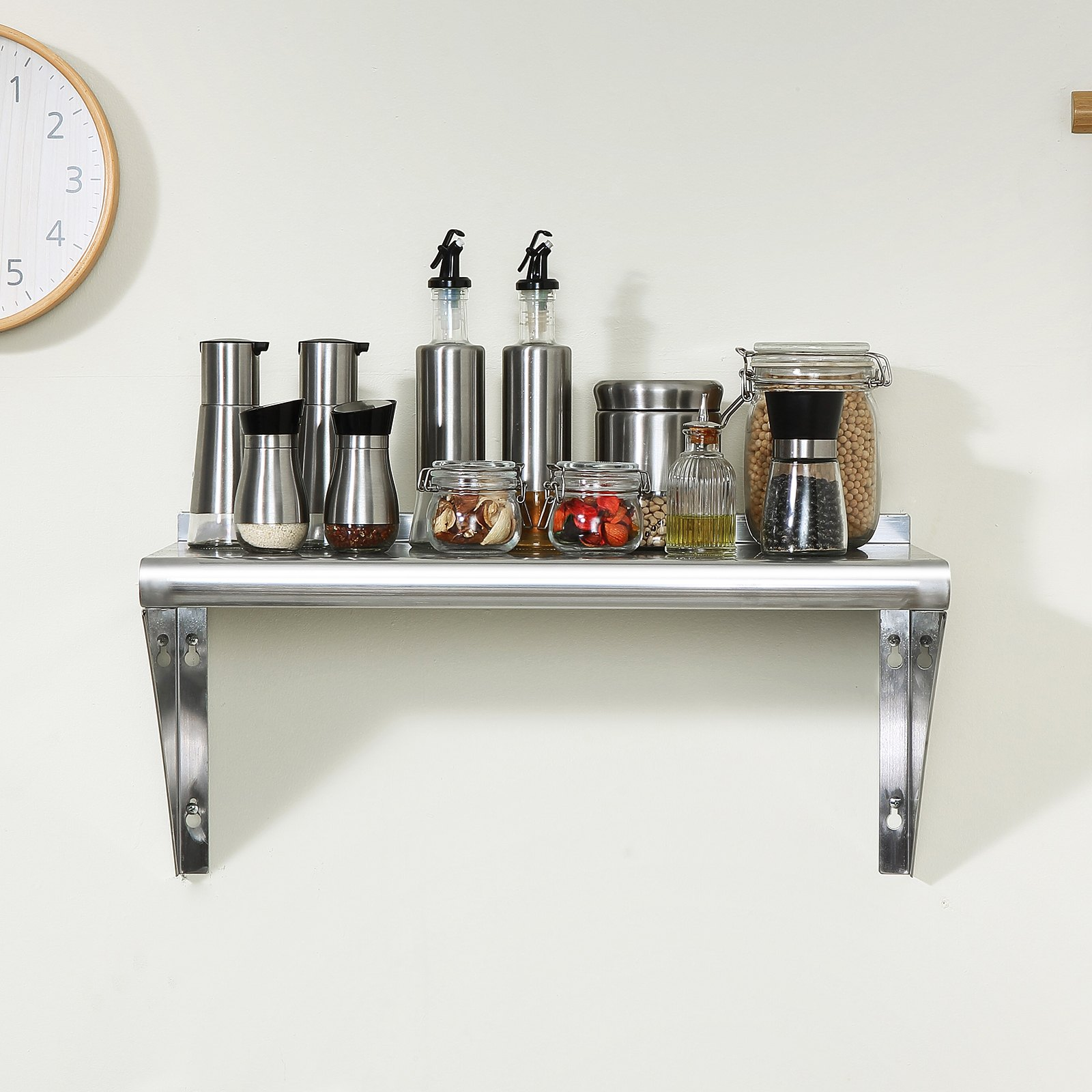 Start2Finish stainless steel wall-mounted floating shelf with brackets, 12"x36", heavy-duty storage for kitchen, restaurant, or home use.