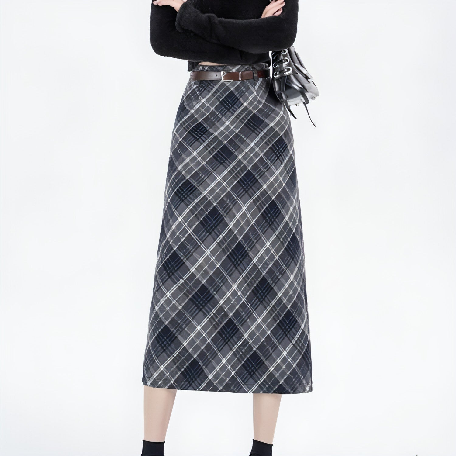 High waist mid-length woolen plaid skirt for women by Carmine Juneberry, featuring a classic checkered pattern and tailored fit.