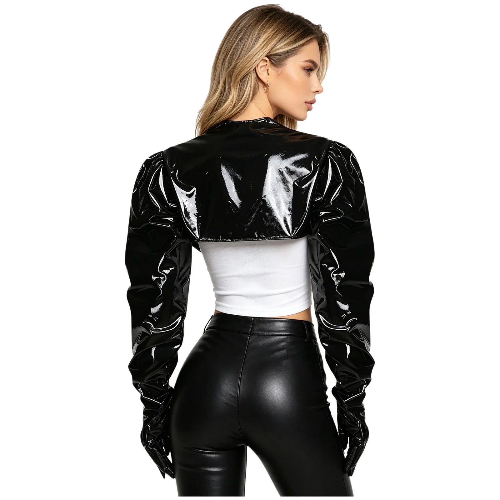 Women’s wet look PU leather crop cardigan with long sleeves, open front, and matching gloves, perfect for party and clubwear.