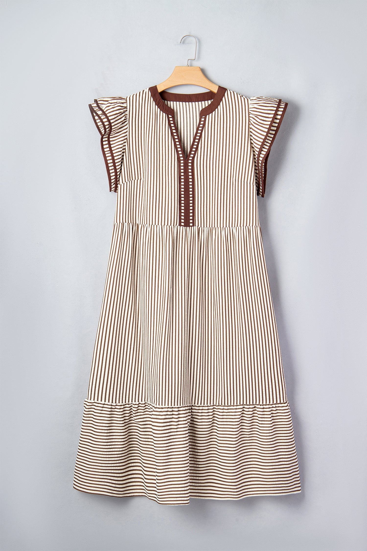 Plus size stripe flutter sleeve V-neck maxi dress by Byzantium Bay, lightweight flowing fabric, perfect for summer wear.