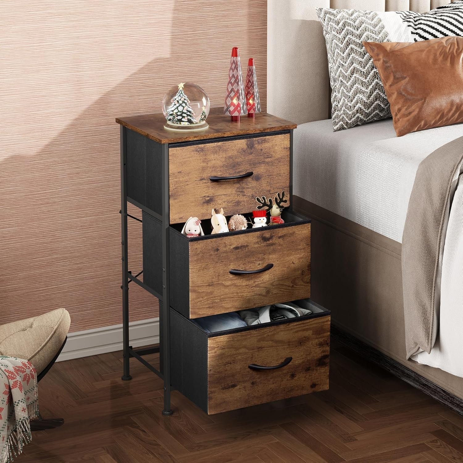 Rustic brown wood grain finish dresser with three drawers, Peach Maple furniture piece showing natural wood texture and classic design.