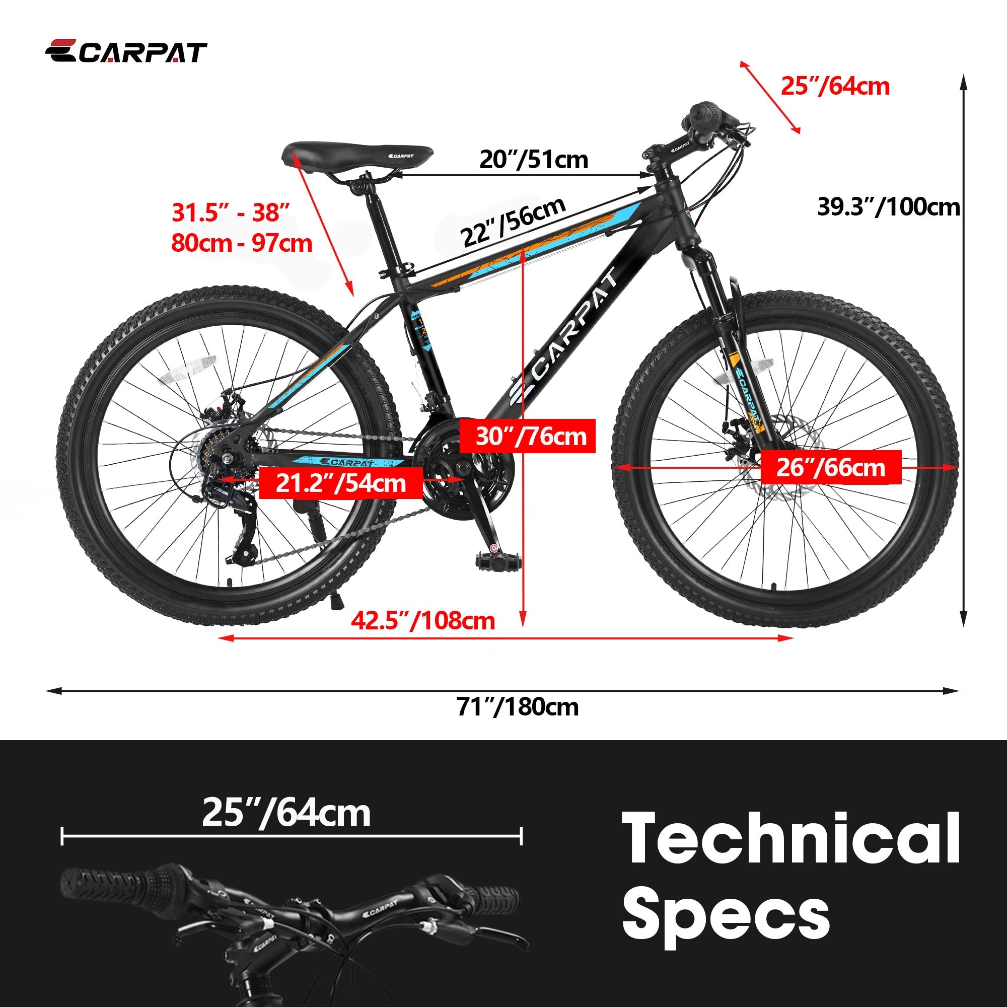 Black and blue Carpat City-Cruizer™ 26-inch mountain bike by Carmine Juneberry with sturdy frame and knobby tires for performance biking.
