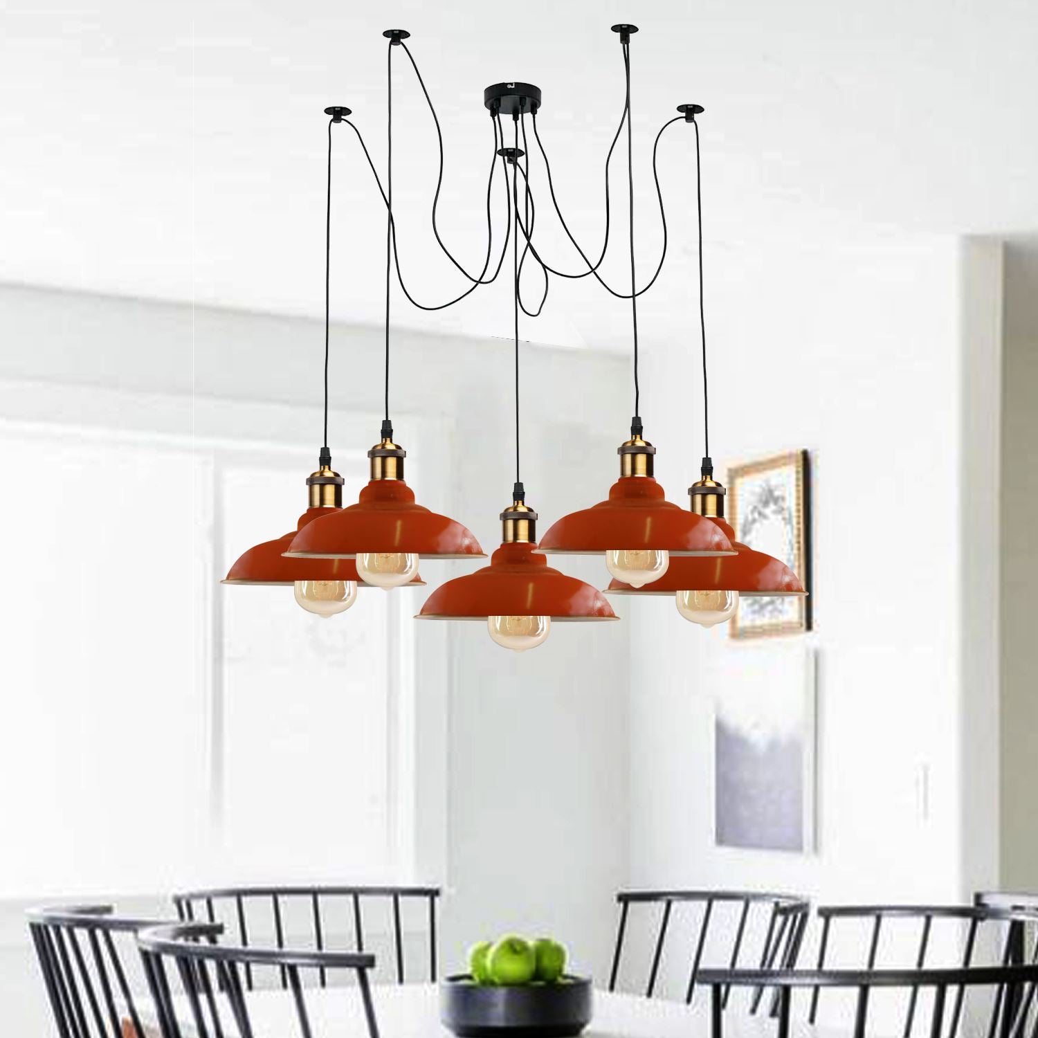 Industrial Spider adjustable multi-arm pendant light by Sangria Angel with five E27 bulbs and metal finish.