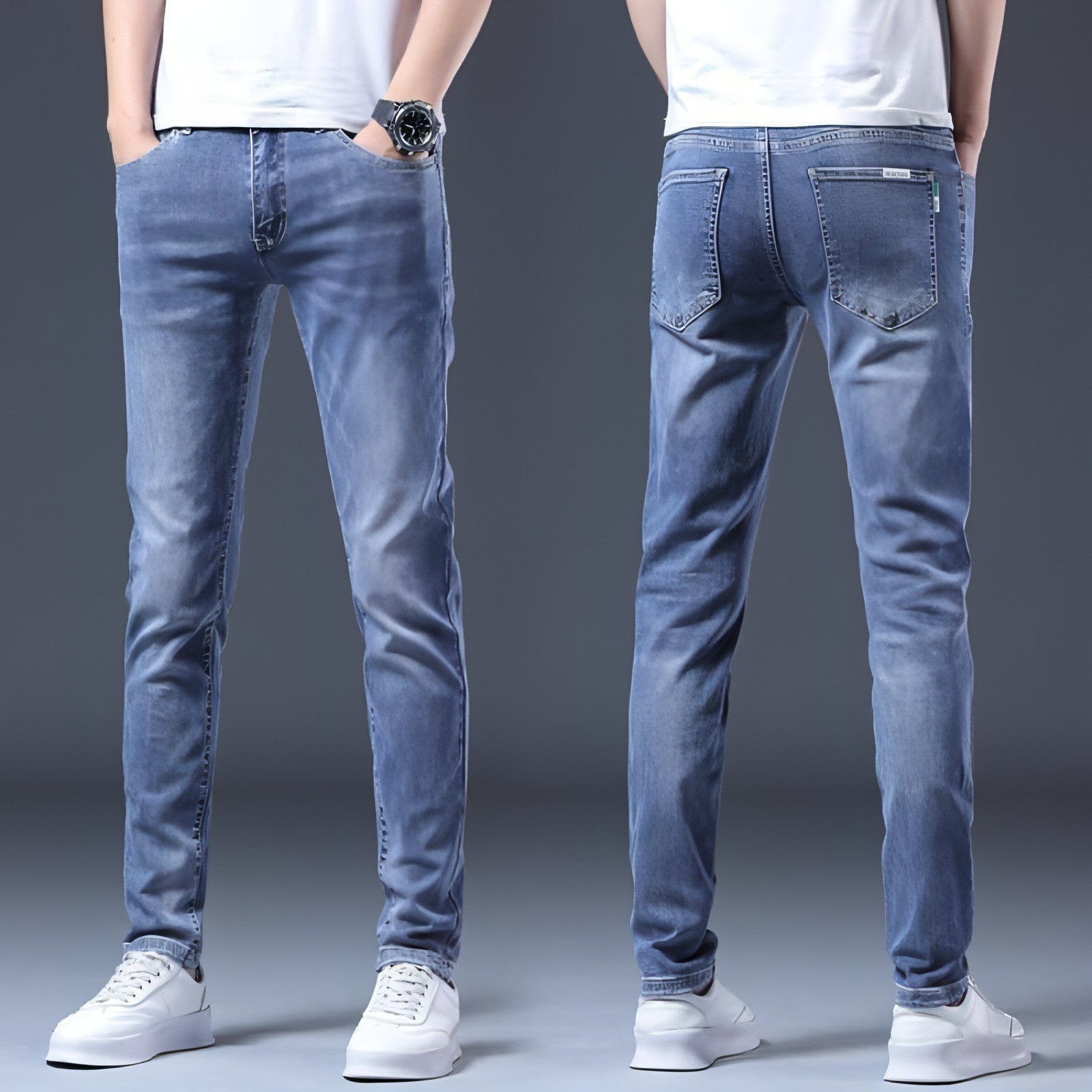 Carmine Juneberry UrbanEase™ blue jeans for men, stylish denim pants with classic fit and stitching details.