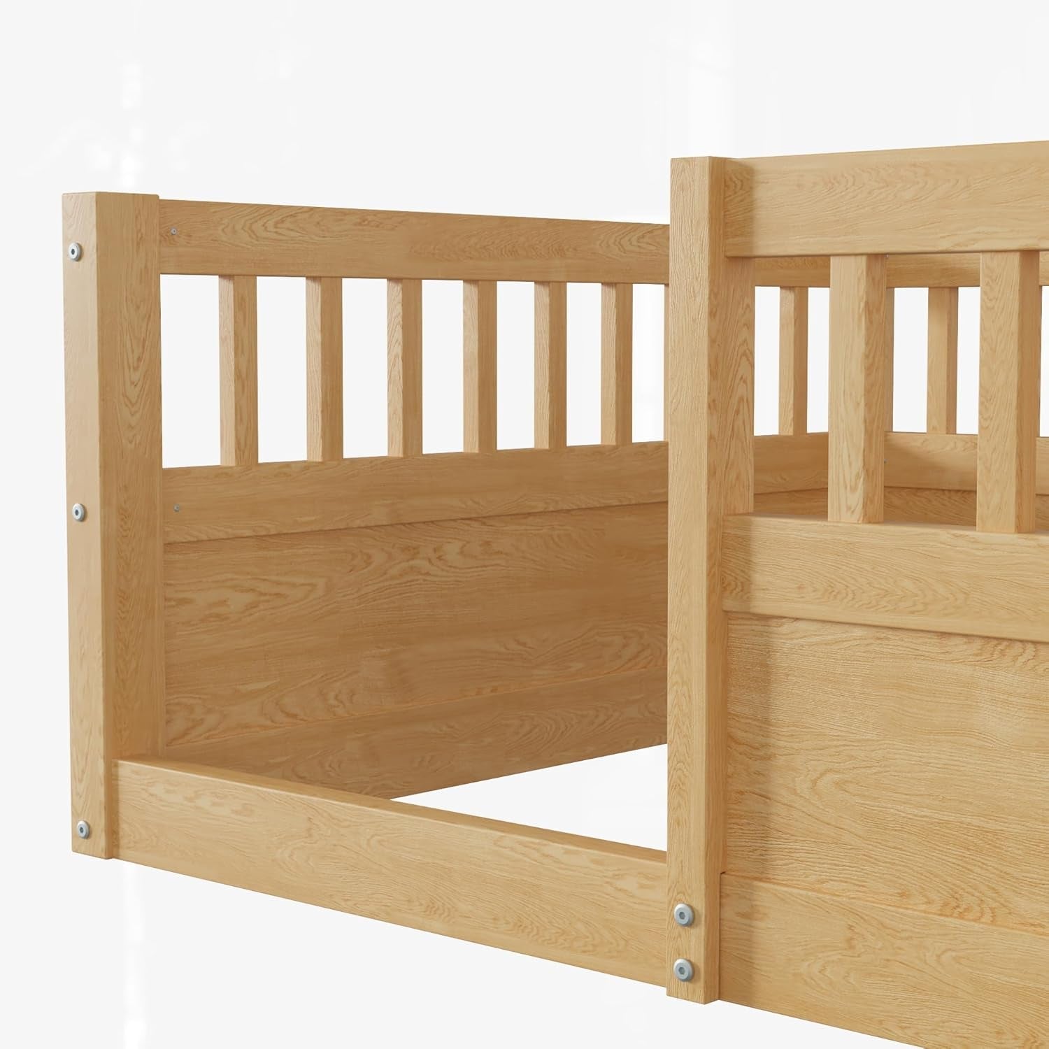 Natural twin Montessori floor bed by Peach Maple with high safety rails, wooden furniture designed for safe, comfortable sleep.