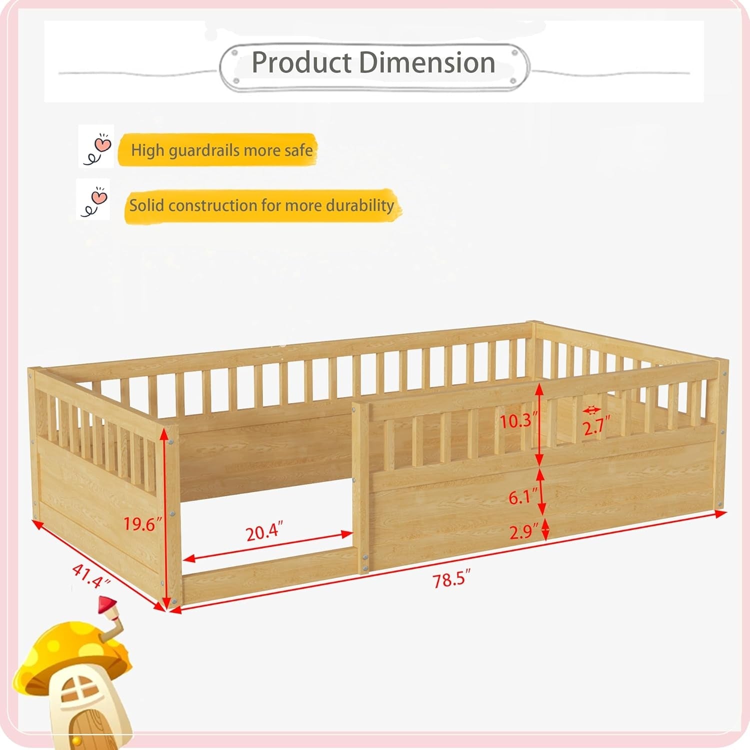 Natural twin Montessori floor bed with high safety rails by Peach Maple, showcasing a sturdy wooden furniture piece for children.