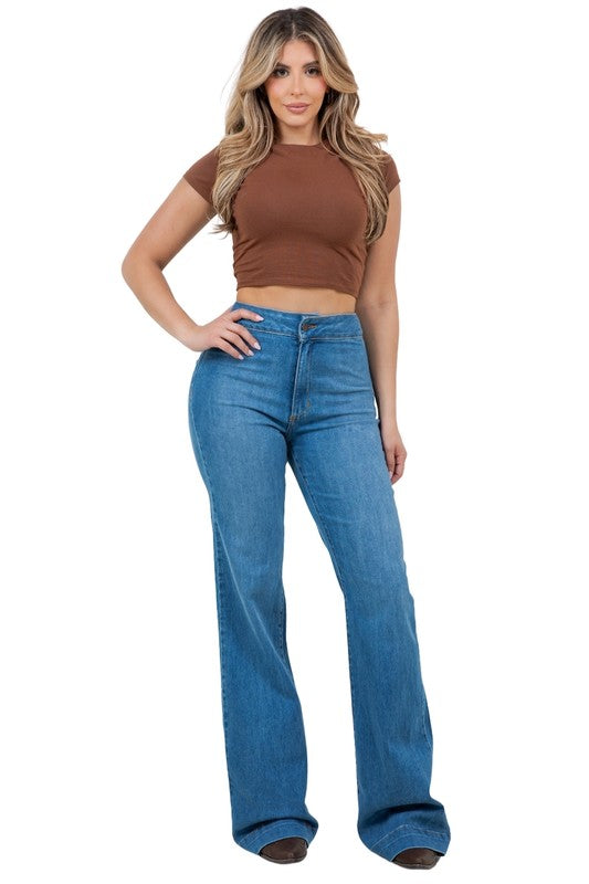 Jade Icarus Harley Wide Leg Med Blue jeans with 32-inch inseam, showcasing relaxed fit, front pockets, and classic denim style.