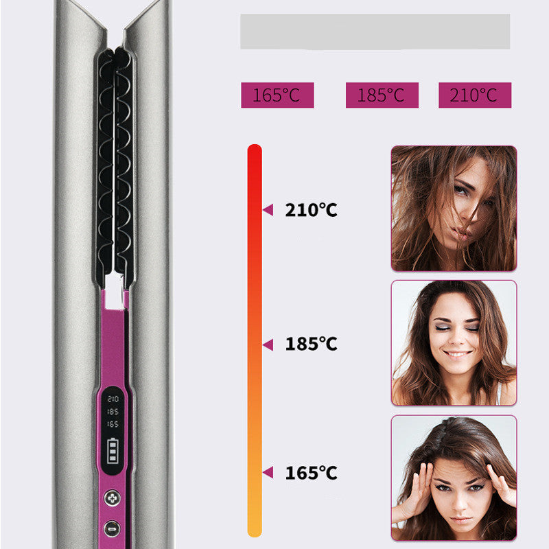 Maroon Asteria USB wireless charging hair straightener with ceramic plates, sleek black design, and digital temperature controls.