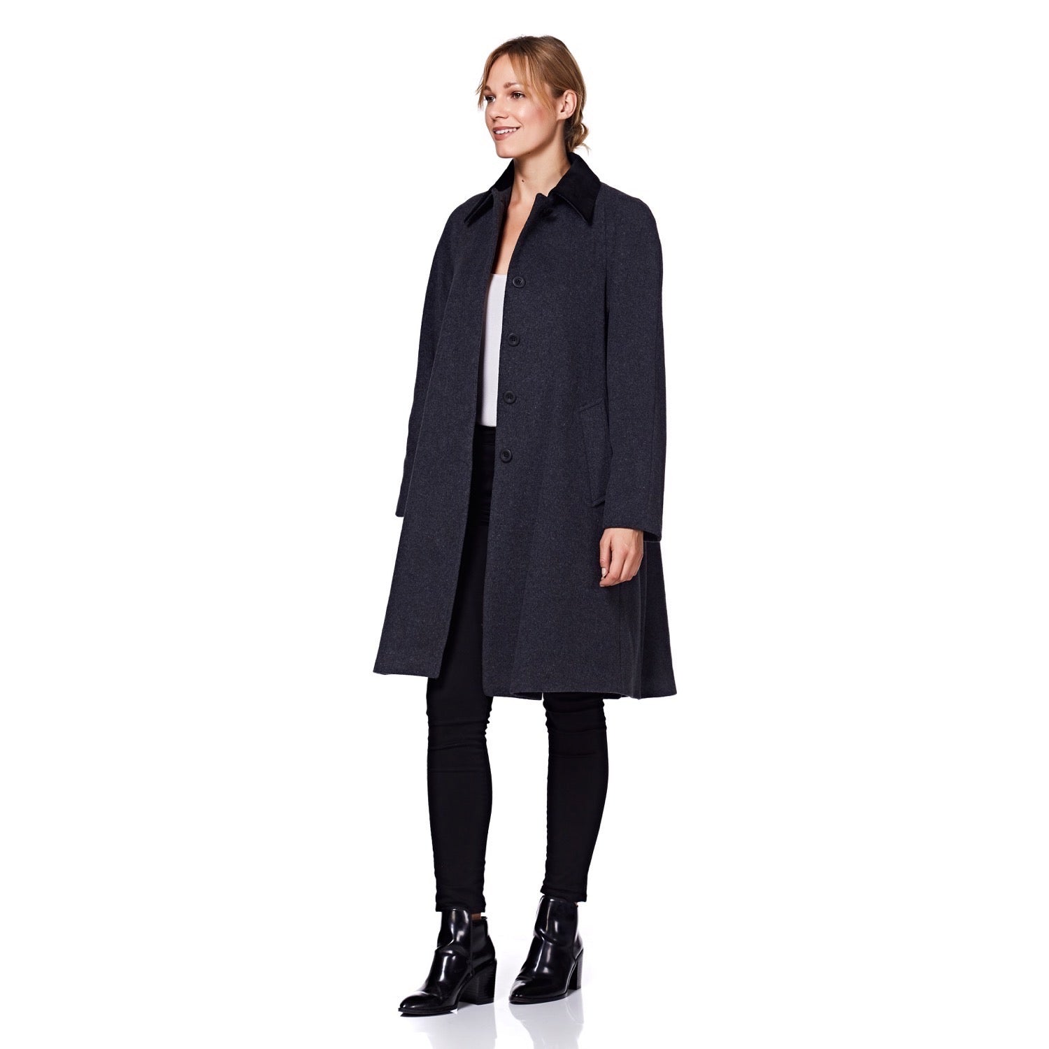 Gray wool blend oversized velvet trim swing coat by Rose Eleusis, featuring a flowing silhouette and stylish velvet accents.
